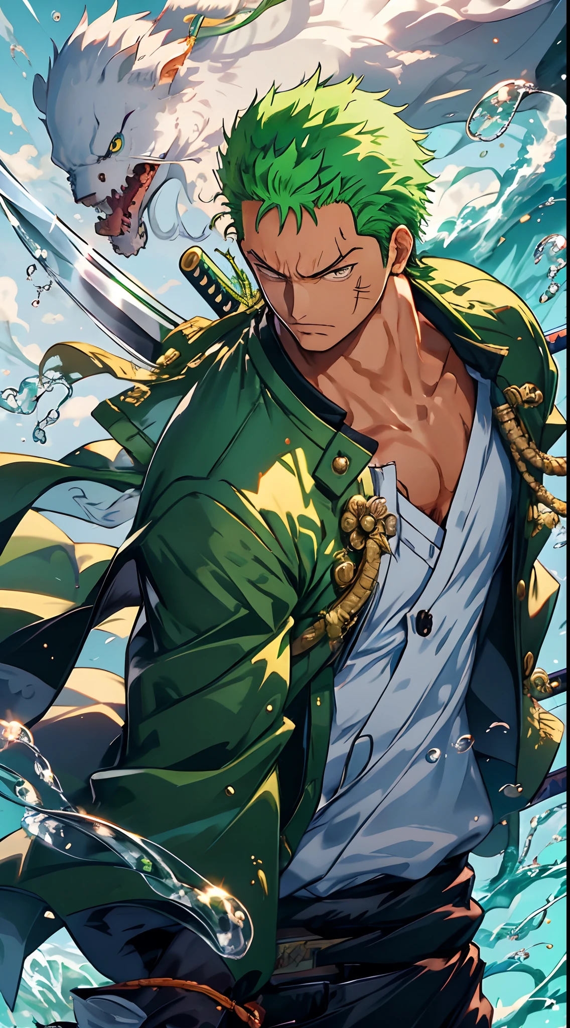 zoro, solo, looking at viewer, short hair, long sleeves, 1boy, jacket, upper body, weapon, male focus, japanese clothes, green hair, water, from side, scar, sheath, scar on face, sheathed, hair slicked back