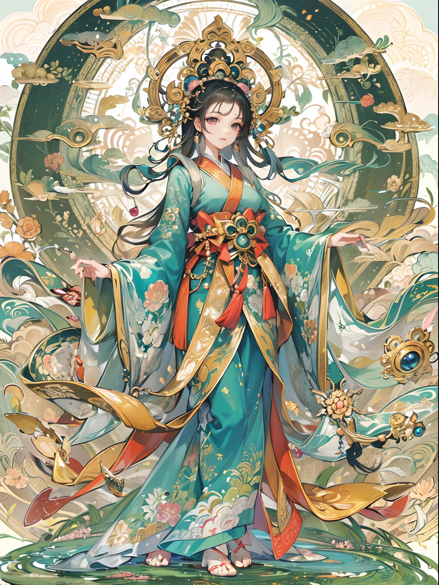 ((Finest quality)),(超A high resolution),(ultra-detailliert),(Meticulous portrayal),((Best Anime)),(Finest works of art),sharpnes,Clair,Ultra-Precision Art,The art of astounding depiction,The beauty of intricate and meticulous details:1.3,Buddhist paintings,mandalas, ((femele:1.5)),Bodhisattvas:1.5,A benevolent look:1.4,Lianhua:1.4