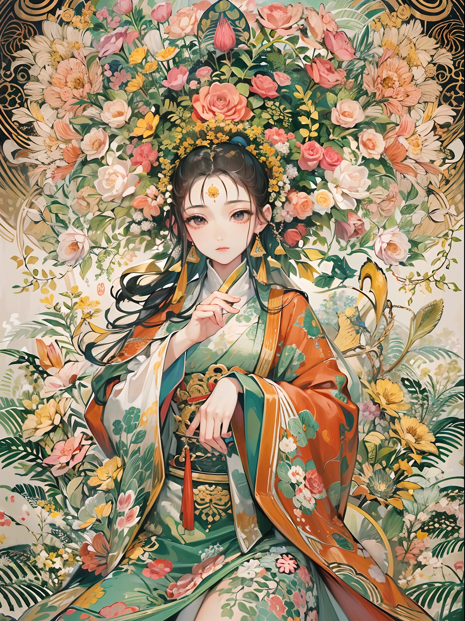 ((Finest quality)),(超A high resolution),(ultra-detailliert),(Meticulous portrayal),((Best Anime)),(Finest works of art),sharpnes,Clair,Ultra-Precision Art,The art of astounding depiction,The beauty of intricate and meticulous details:1.3,Buddhist paintings,mandalas, ((femele:1.5)),Bodhisattvas:1.5,A benevolent look:1.4,Lianhua:1.4