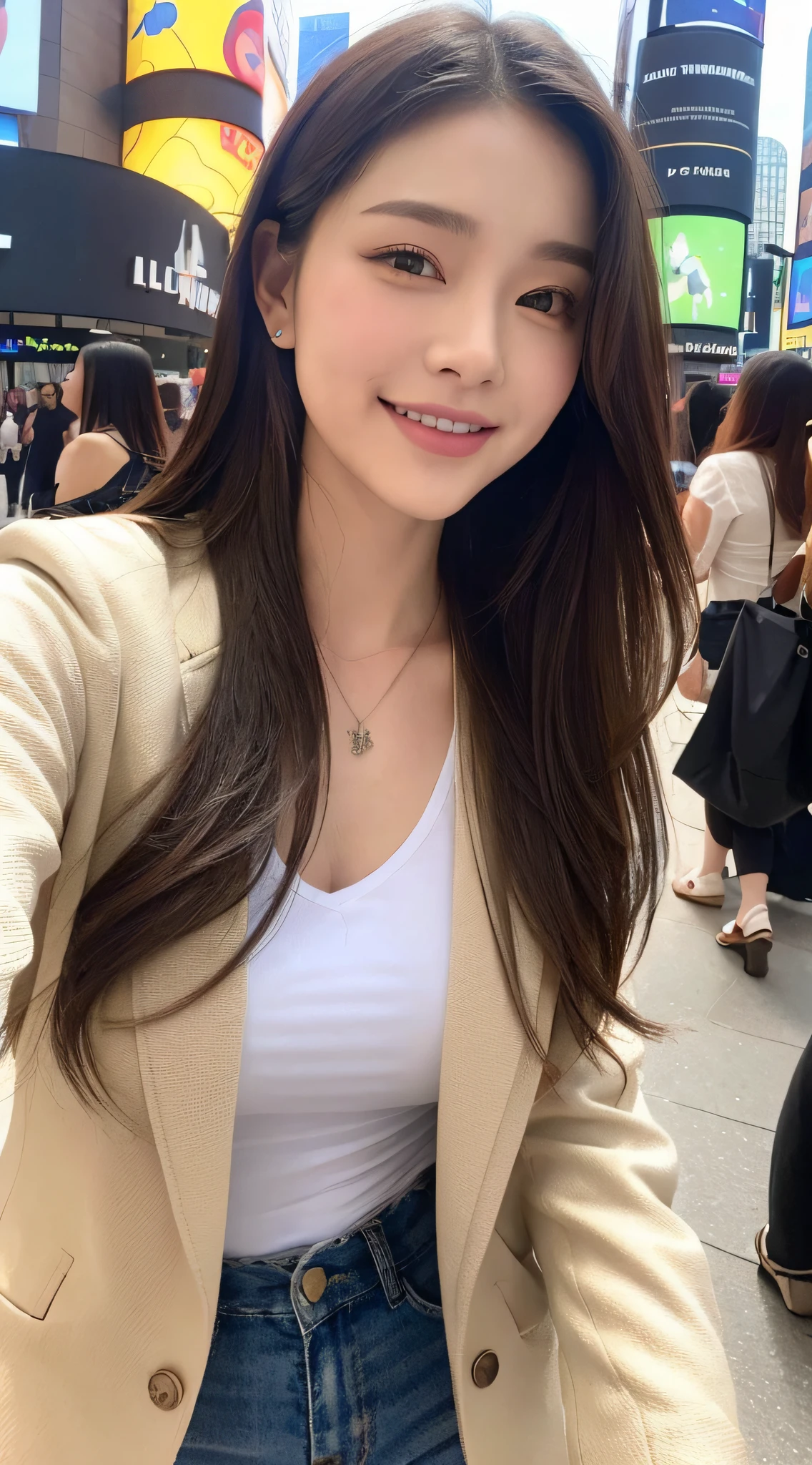 ((Highest quality, 8k, masterpiece :1.3)),actress,outside,Tokyo Disneyland,Cinderella Castle,erupt,(Full Body Shot),Very charming smile:1.3,Saggy breasts,Beautiful pose,Looking into the camera,Red lipstick:1.2,Dark lipstick:1.2, double eyelid,Navy blue mini skirt,(White T-shirt),(masterpiece: 1.3), (Maximum resolution: 1.4), (Ultra-high resolution: 1.2), Cinematic Light, Ultra-high resolution, Detailed eyes and skin, 8k resolution, Perfect Style, Beautiful expression,Highly detailed face,Glossy Lips:1.2,Straight Hairstyles,look forward to,(Yellow Jacket),Very tall,blue sky