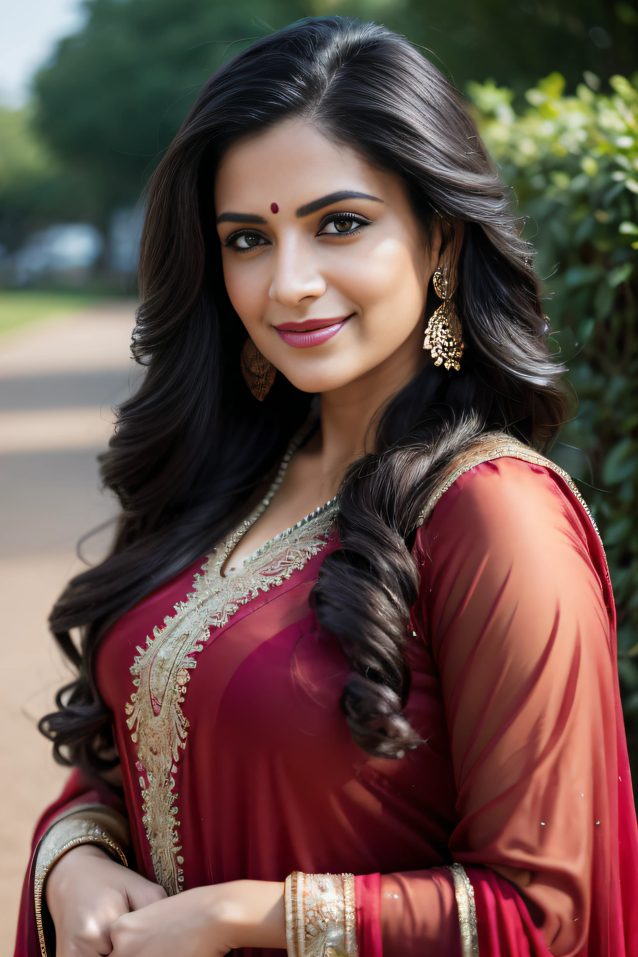 Portrait of A confident-looking indian woman with long flowing hair, hazel eyes, with flowing capes and saree, smiling, perfect composition, hyperrealistic, super detailed, 8k, high quality, trending art, trending on artstation, sharp focus, outdoor kerala photo, intricate details, highly detailed, art by greg rutkowski