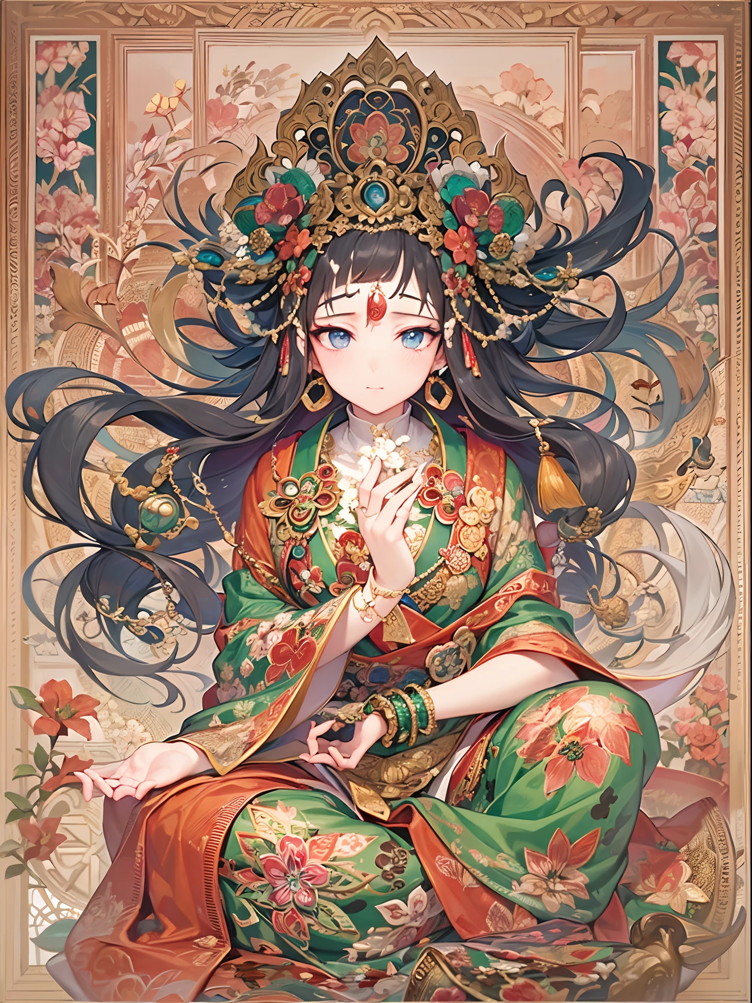 ((Finest quality)),(超A high resolution),(ultra-detailliert),(Meticulous portrayal),((Best Anime)),(Finest works of art),sharpnes,Clair,Ultra-Precision Art,The art of astounding depiction,The beauty of intricate and meticulous details:1.3,Buddhist paintings,mandalas, ((femele:1.5)),Bodhisattvas:1.5,A benevolent look:1.4,Lianhua:1.4