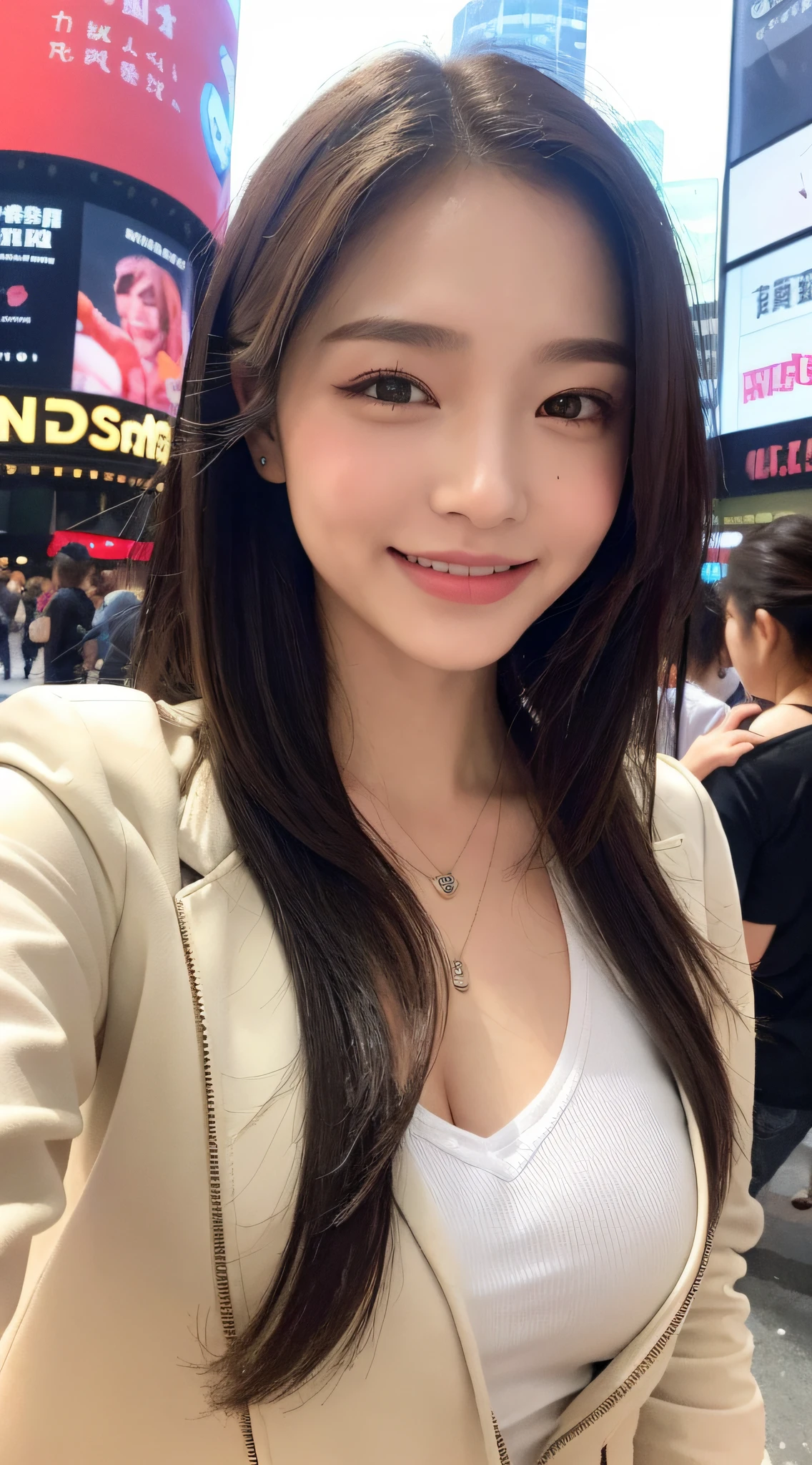（（best qualtiy，8k，tmasterpiece：1.3）），A beautiful woman with a perfect figure：1.4，Layered Hair Style，nedium breasts，Wear a pendant，The white V-neck t-shirt is covered by a web-printed jacket，time square，Wanda Plaza，Highly Detailed Face and Skin Textur，Detailed eyes，二重まぶた，Detailed smiling faces，Small dimples in detail