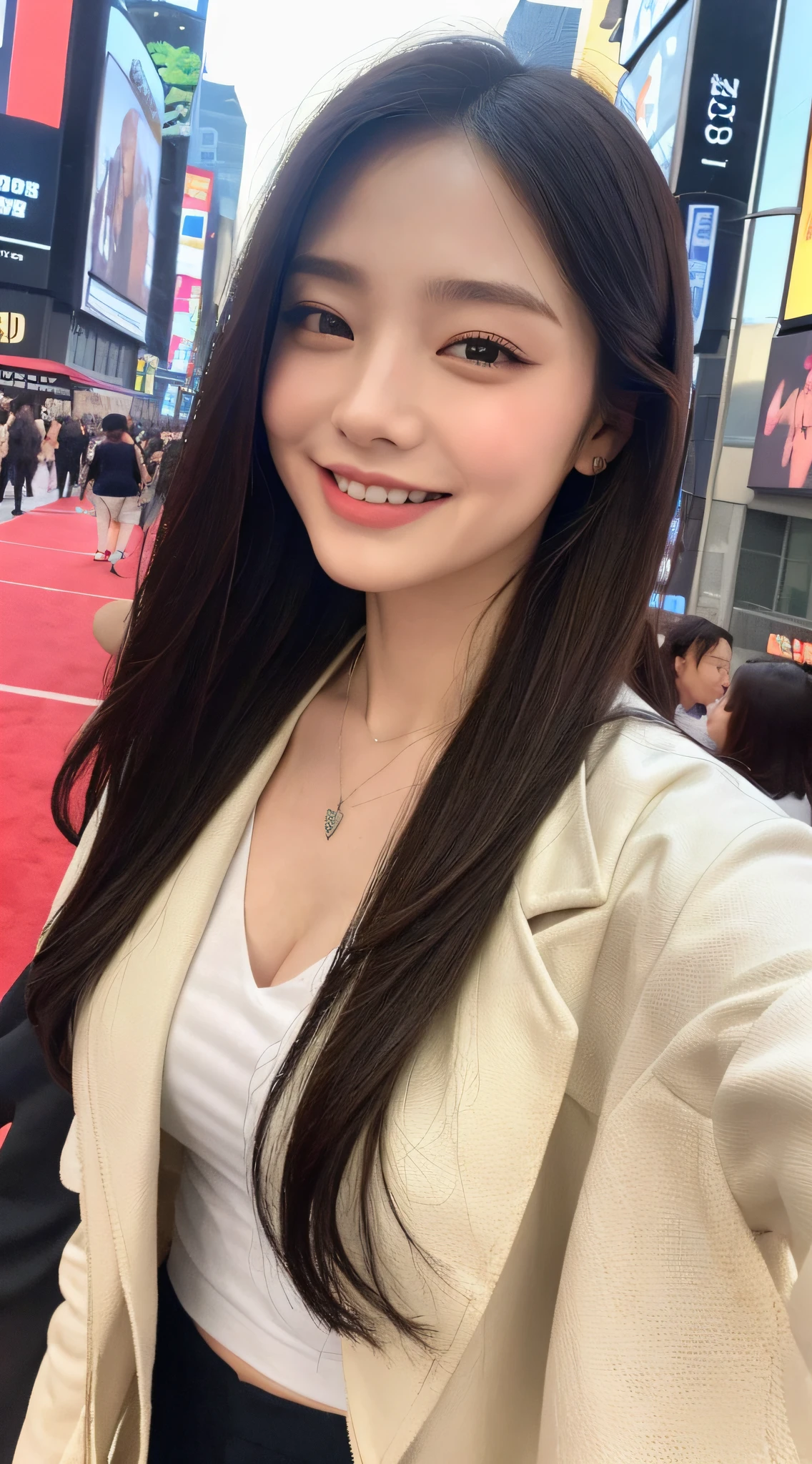 （（best qualtiy，8k，tmasterpiece：1.3）），A beautiful woman with a perfect figure：1.4，Layered Hair Style，nedium breasts，Wear a pendant，The white V-neck t-shirt is covered by a web-printed jacket，time square，Wanda Plaza，Highly Detailed Face and Skin Textur，Detailed eyes，二重まぶた，Detailed smiling faces，Small dimples in detail