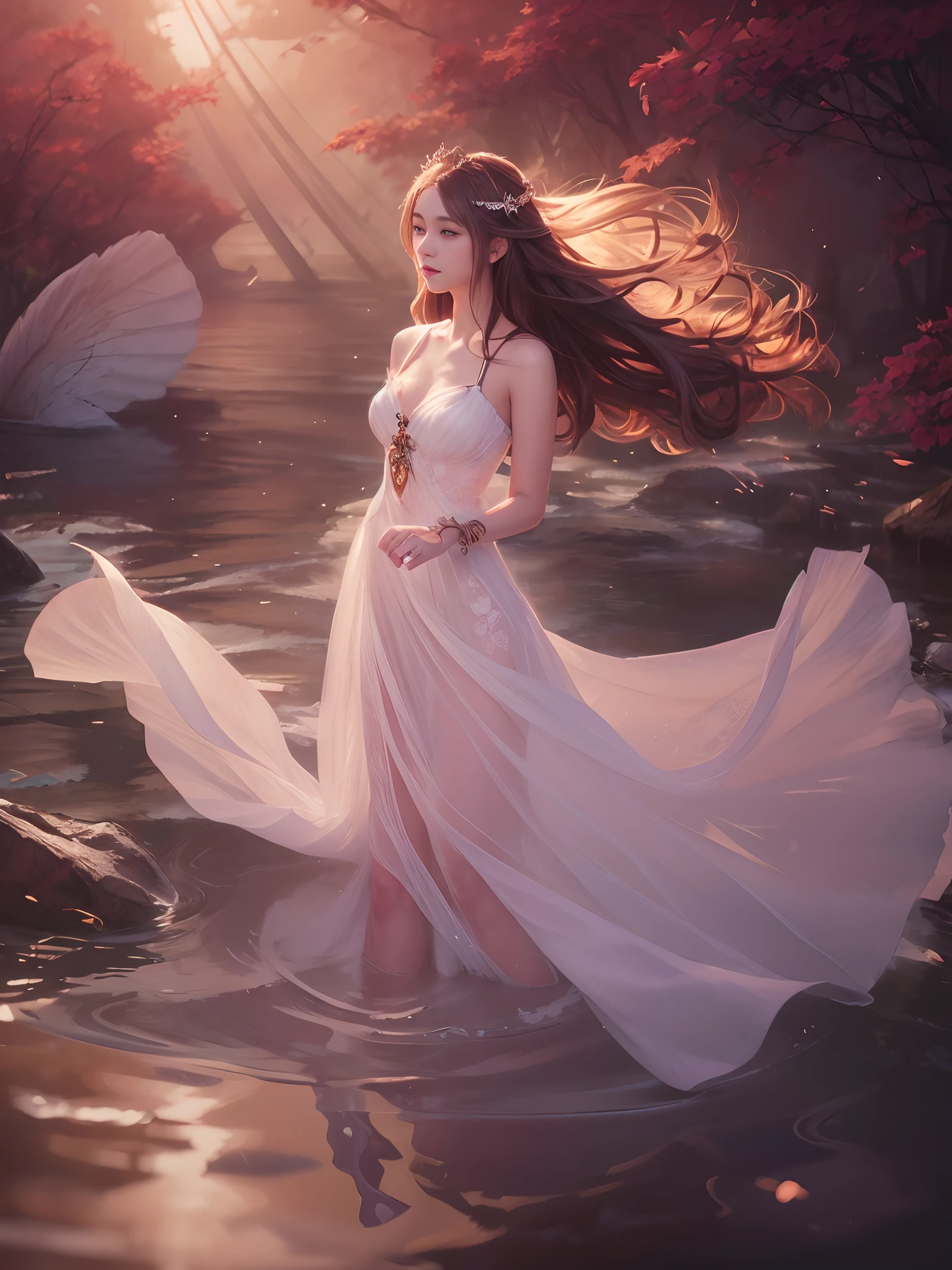 (Raw photo:1.2), (Photorealistic), Beautiful detailed girl, Very detailed eyes and face, Beautiful detailed eyes, Huge file size, High resolution, Very detailed, Best Quality, [masutepiece:1.6], Illustration, Very detailed, Fine detail, Best Quality, 8K Wallpaper, Movie Lighting,Beautiful 15-year-old woman in white dress standing in the water, concept art inspired by WLOP, cg society contest winner, Fantasy Art, Beautiful fantasy maiden, goddess of light, beautiful goddess, fantasy gorgeous lighting, a beautiful fantasy empress, beautiful fantasy art, Dramatic lighting fantasy, Fantasy Woman, portrait of queen of light, ((a beautiful fantasy empress)), Beautiful maiden