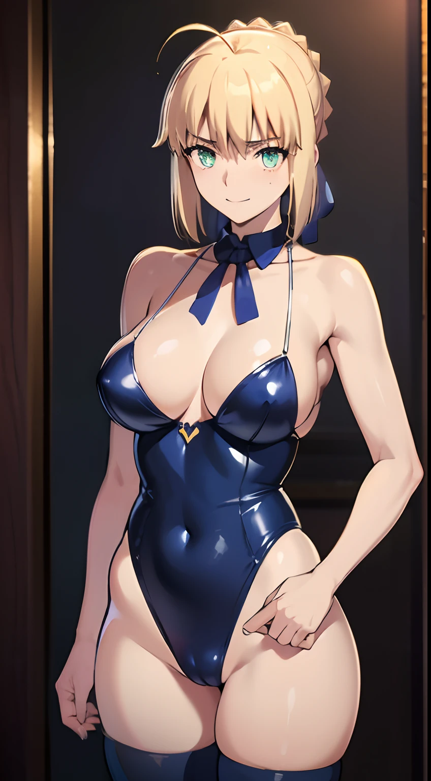 NSFW、(masutepiece、of the highest quality、Best Quality、Official art、Beautiful CG,)artoria、Colossal tits、Photorealsitic、(Rolling eyes:1.5)、masturbation、Smile embarrassedly、Heart symbol in the eye、NSFW、Vegas Casinos、Slingshot swimsuit、tights、neck tie、Navel costume、