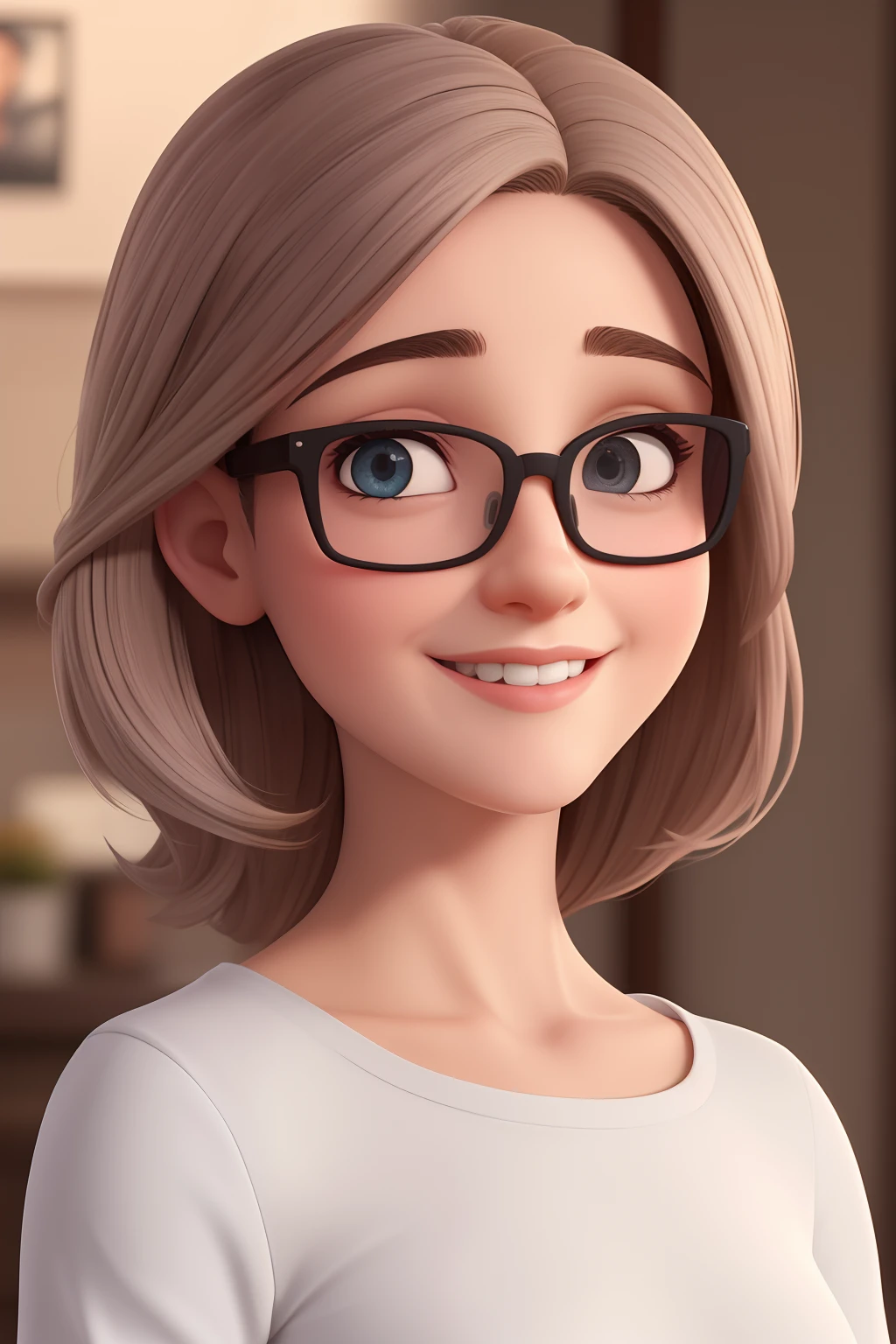 Uma mulher de 34 anos, com cabelos castanhos curtos, Rosto redondo, rosto redondo com sorriso encantador, e olhos castanhos claros, wearing glasses.