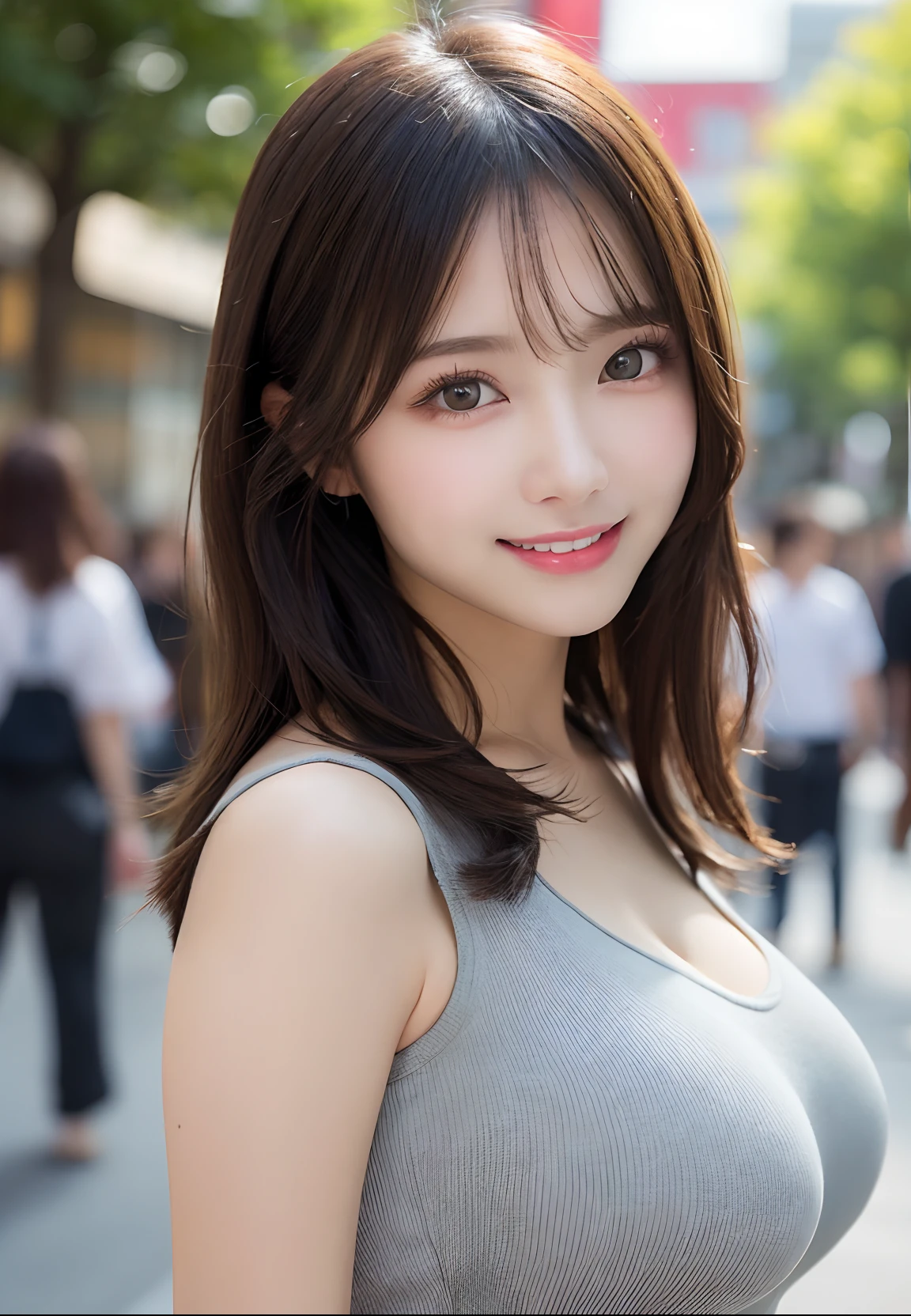 masutepiece、Best Quality、Illustration、 ultra-detailliert、hight resolution、8k Wallpapers、Perfect dynamic composition,、Beautiful detailed eyes、Women's Fashion Summer、Medium hair、(Beautiful Large Breasts:1.3)、Natural Color Lip、Bold sexy poses、Smile、Harajuku、20 years girl、Cute、Sexy shot looking at camera