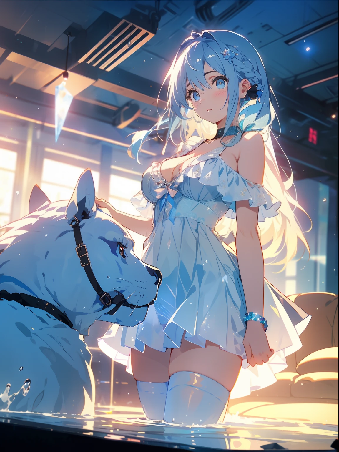 big breasts beautiful, Young woman, In the crystal and ice zone, drifting snow, ride horse, White hours, Gradient hair, Blue hair, blue hairs, twintail hair, eyes reflection, disdain, Ray traching, reflective light, blurry, Glowing light, depth of fields, lightand shade contrast, stereograms, zoom layer, cowboy lens, f/2.8, Bokeh, tmasterpiece, best qualtiy, high qulity, k hd,White stockings