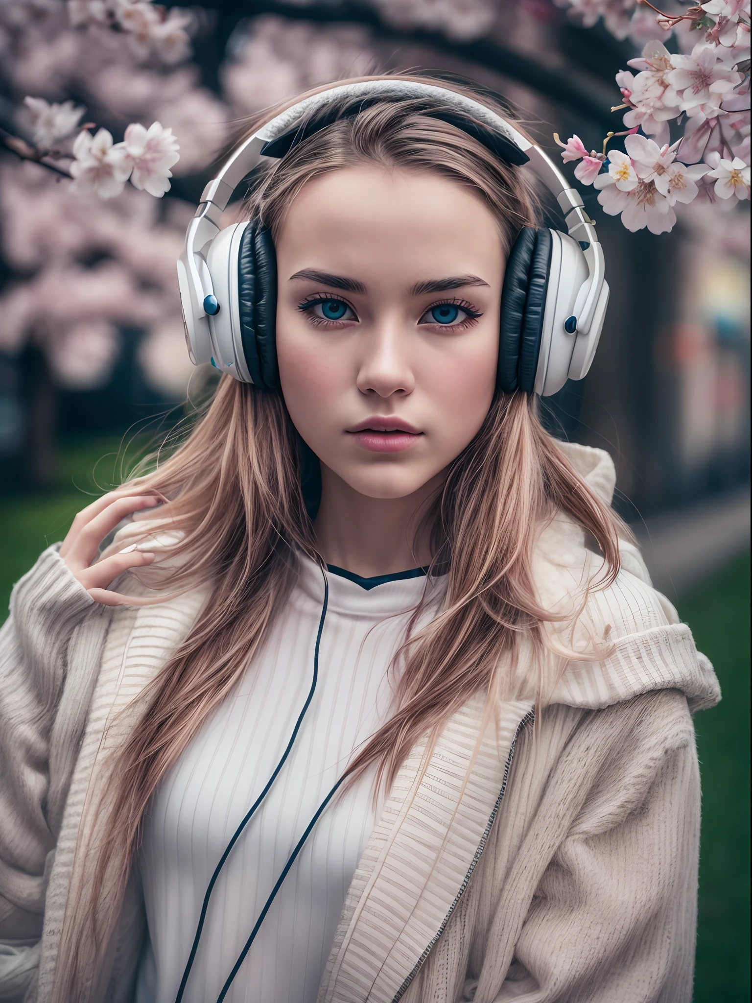 1girl wearing a glowing white headphones, calming chill mood, detailed eyes, street photography, cherry blossom with street photography, moody settings, 24K resolution, best quality