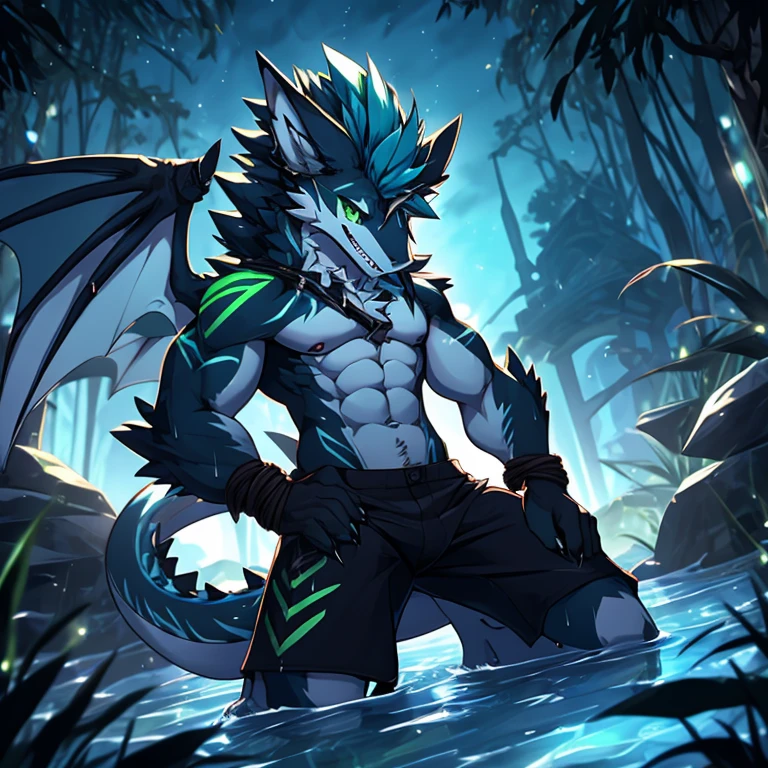 独奏，Male，Huge anthropomorphic furry Sergal characters，nakeness，Wear only black shorts, ripped abs,, Black and white fur, Bright blue mohawk, Shark tail，Dragon wings，A toothy and seductive smile, komono, anthro , Male,Sharp claws，White belly, Green eyes, wild, The edge of the swamp, Night, sport, eyes glowing, Dark, (( Green pattern: 1.2)),Dimly lit，sportrait，（tentaculata），（Slimy），sweat leggs，Kneel，Bound by tentacles，Drunk，Be controlled，submit to，Outlet water，canineteeth，k hd，Dark shadows，Wide dynamic range，hdr，low-light：1.2，