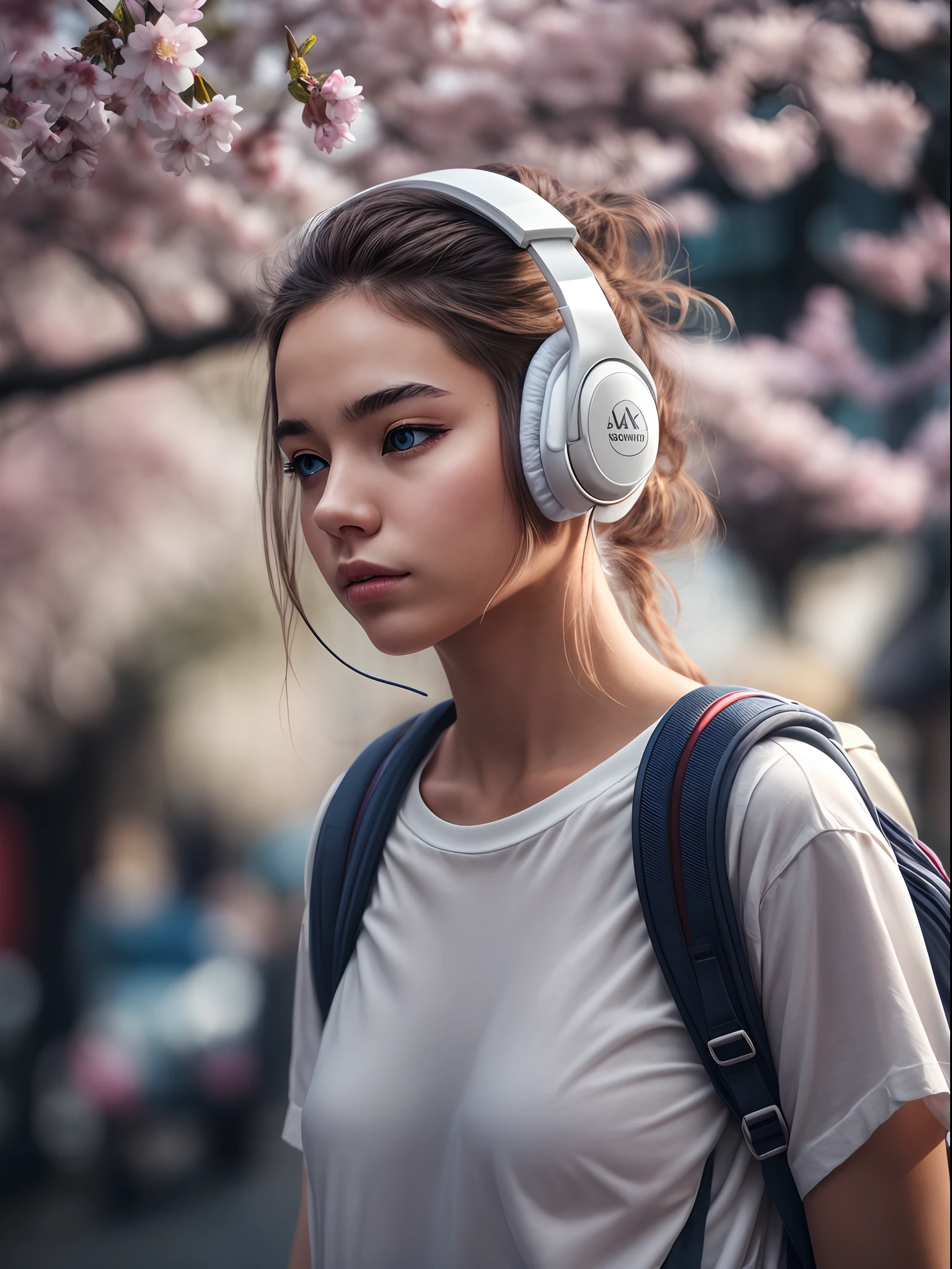 1girl wearing a glowing white headphones, calming chill mood, wearing T shirt and pants, wearing bagpack, detailed eyes, street photography, cherry blossom with street photography, moody settings, 24K resolution, best quality