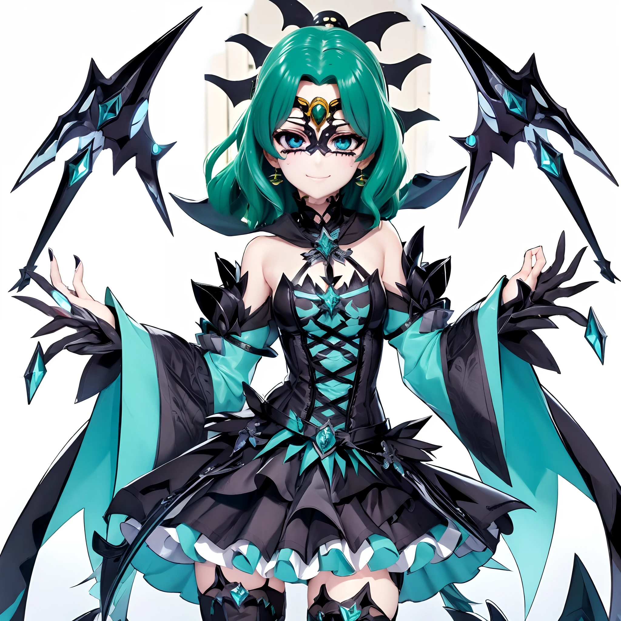 Sailor Neptune of the Fallen. female solo. Aqua color hair. Brainwashed eyes. A black mask that hides the eyes. Evil costume. nefarious smirk. Latex Costume. Full Body Stockings. Futuristic machine background.