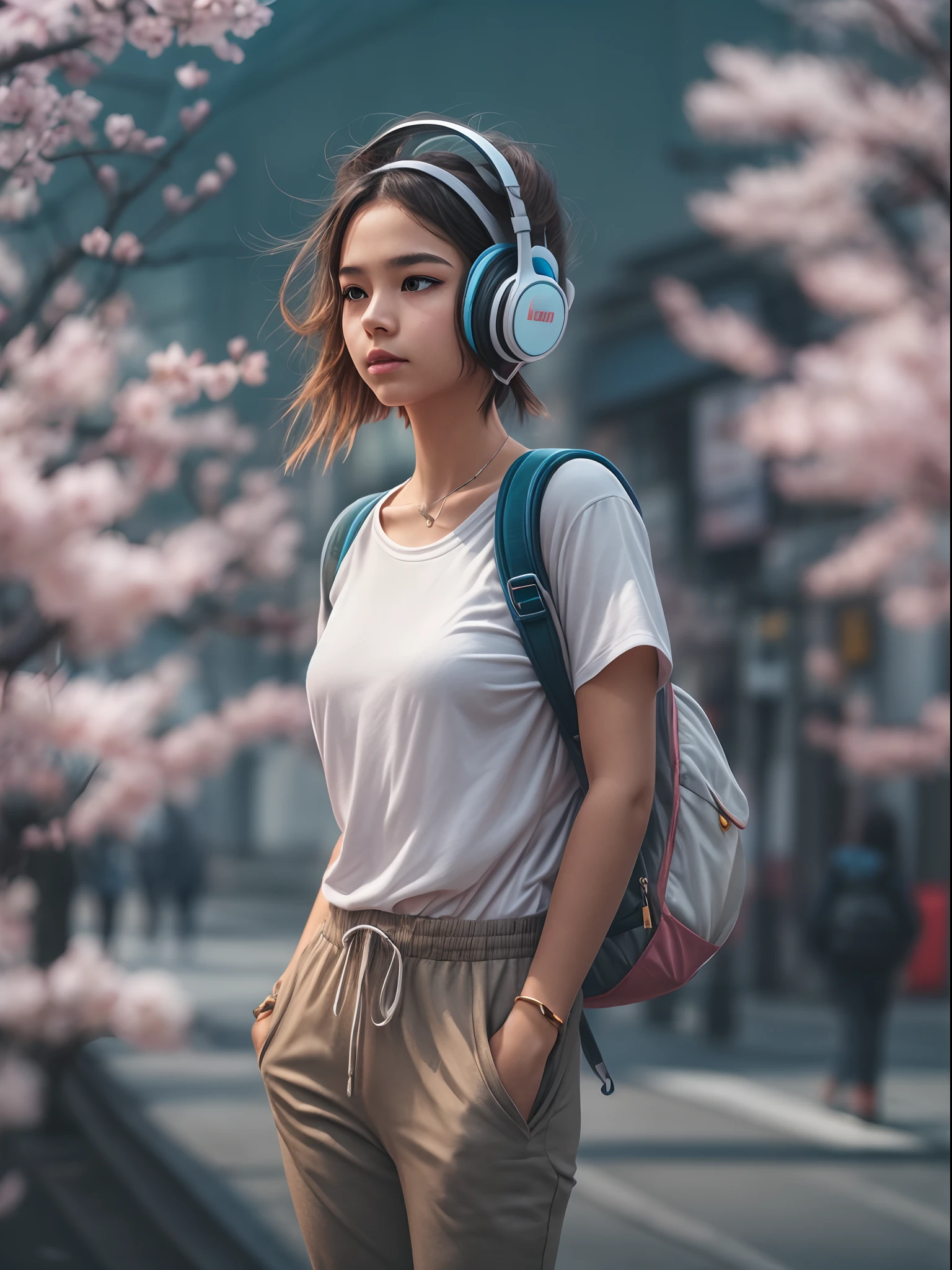 1girl wearing a glowing white headphones, calming chill mood, wearing T shirt and pants, wearing bagpack, detailed eyes, street photography, cherry blossom with street photography, moody settings, 24K resolution, best quality