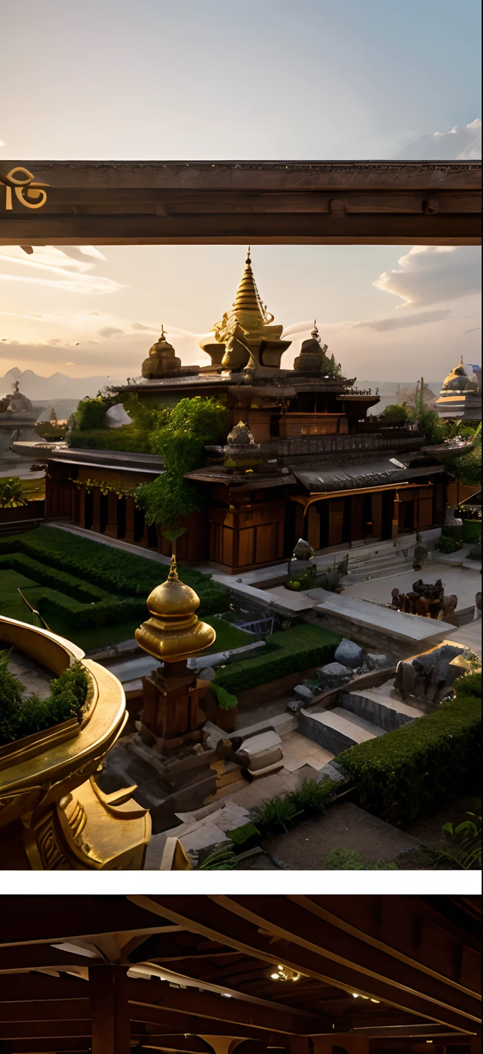 Ancient indian structure, golden arrow roof, extra large extra overhang of the roof like hanging garden, the structurewhite in colour