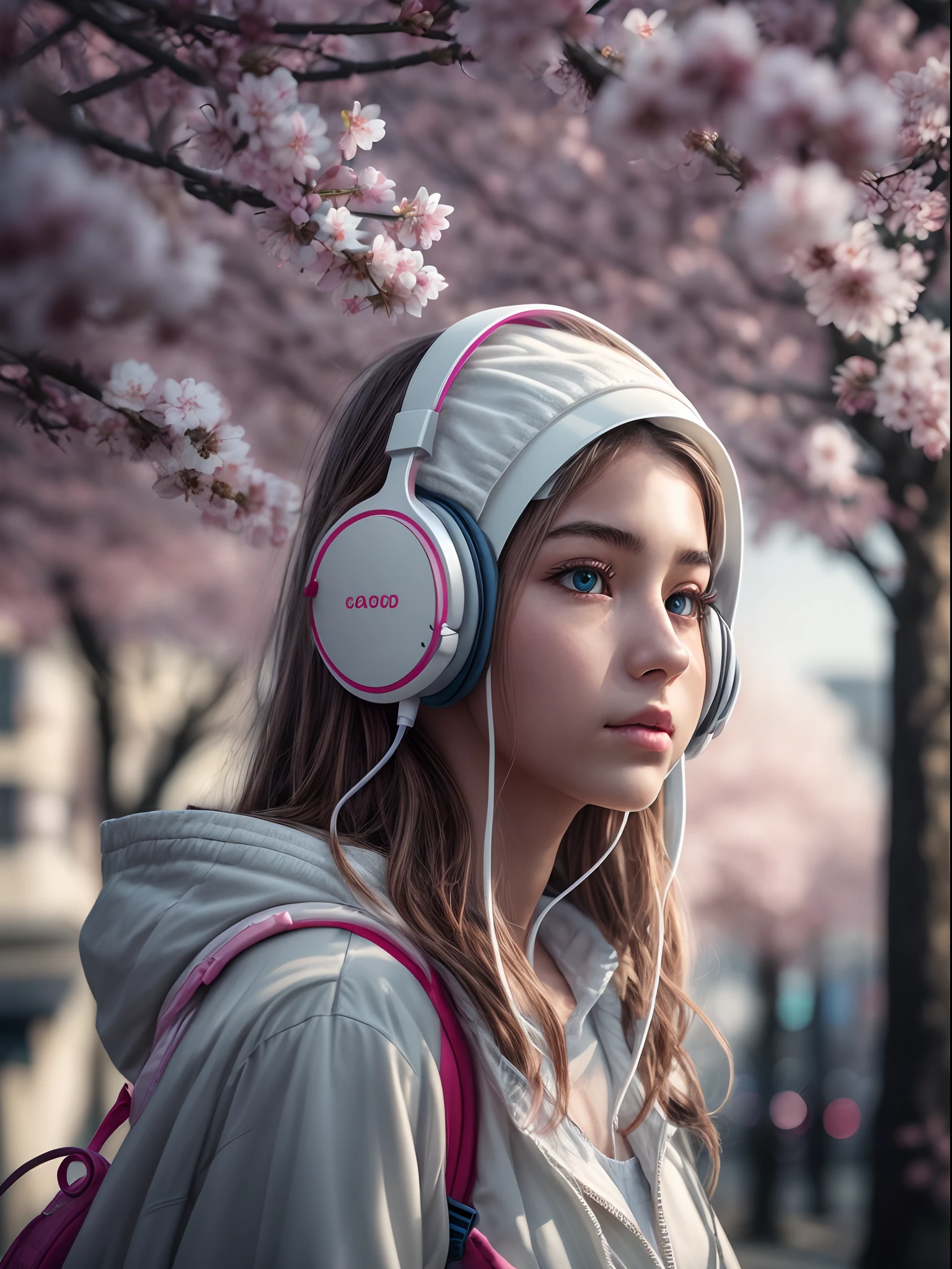 1girl wearing a glowing white headphones, calming chill mood, hang bagpack, detailed eyes, street photography, cherry blossom with street photography, moody settings, 24K resolution, best quality