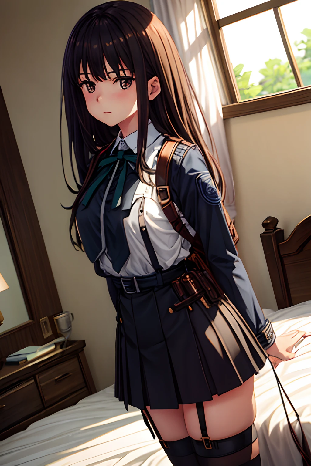 masterpiece、flat-colors、depth of fields、lens flare 1 girl、、Brown hair、watching at viewers black suspenders Bulging big breasts Armpit sweat perspiring Side of both hands walls: Black miniskirt garters Gaze Small face bangss flank holster Belt Armament Beautuful Women srestrained Hands behind your back On the bed Leg holster