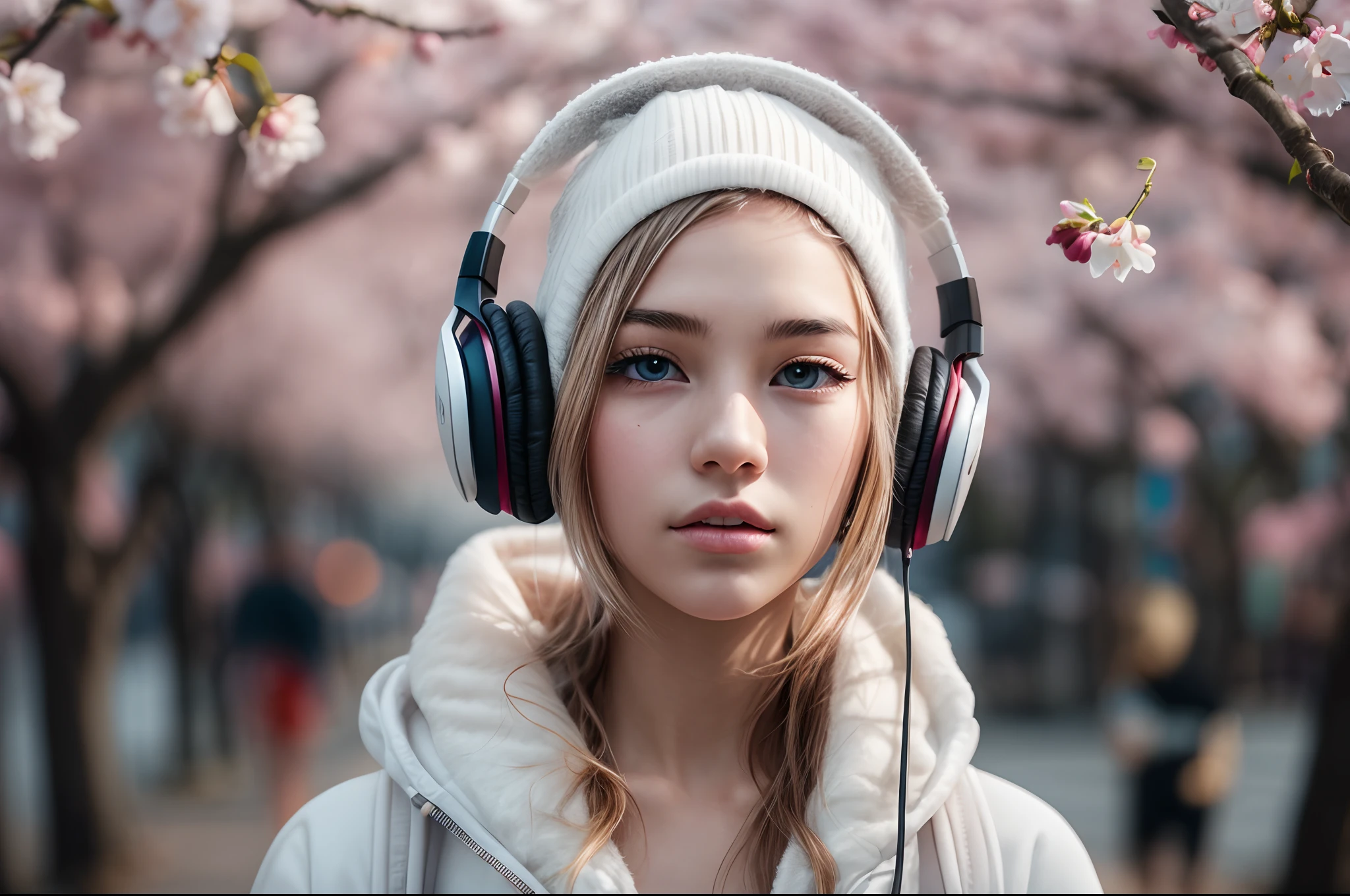 1girl wearing a glowing white headphones, calming chill mood, detailed eyes, street photography, cherry blossom with street photography, moody settings, 24K resolution, best quality