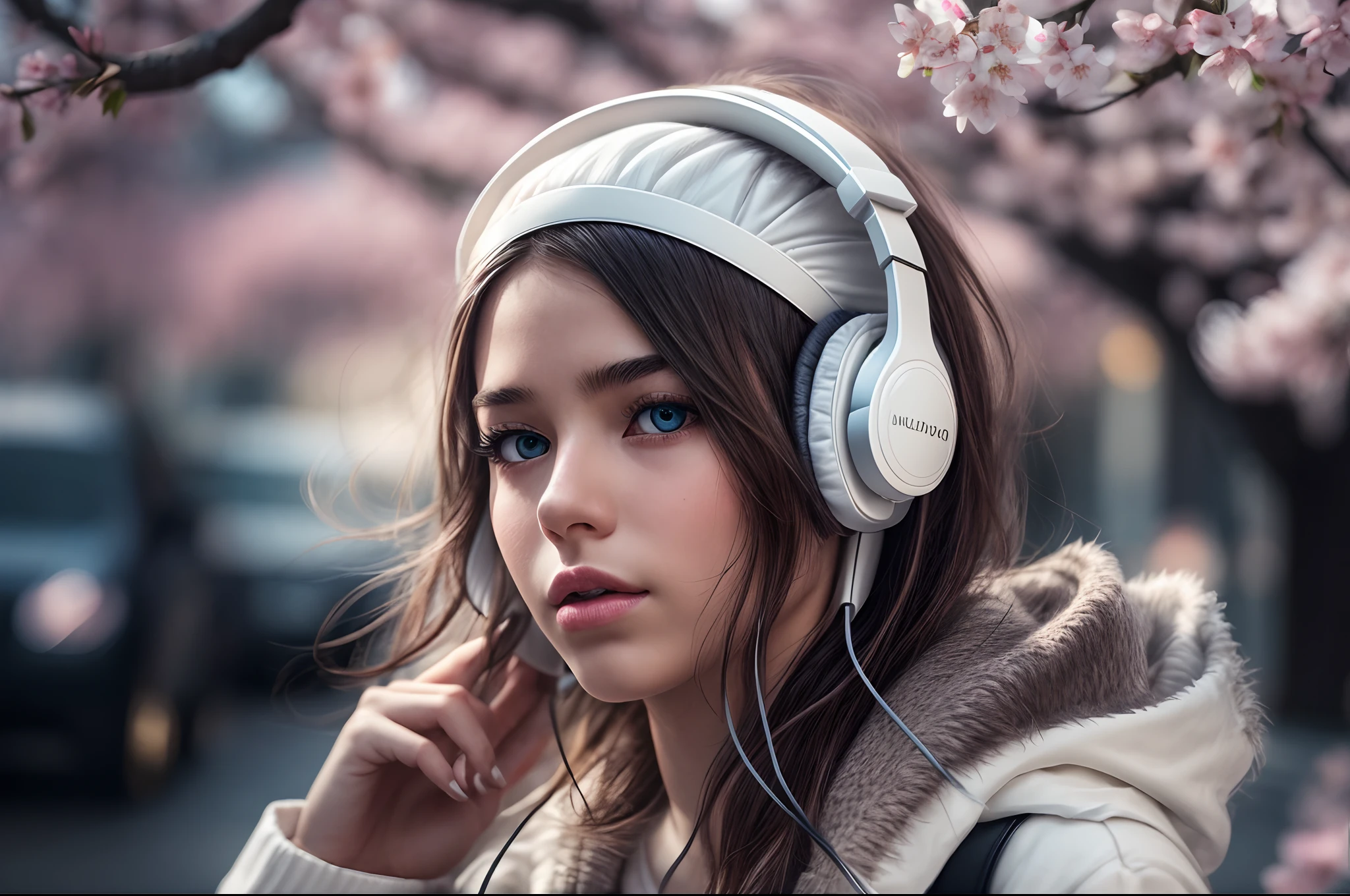 1girl wearing a glowing white headphones, calming chill mood, detailed eyes, street photography, cherry blossom with street photography, moody settings, 24K resolution, best quality