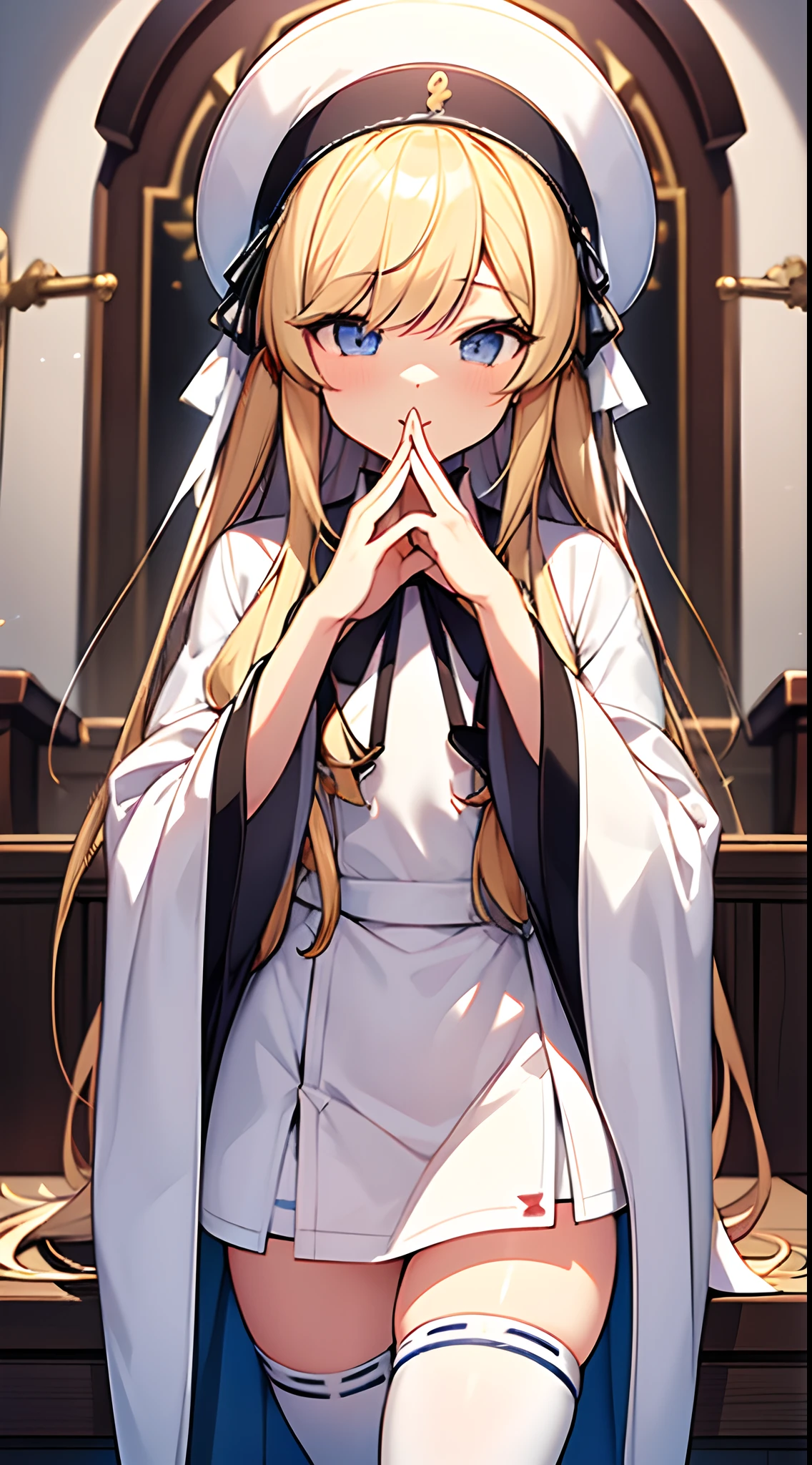 (((masterpiece)))、(((top-quality)))、((ultra-detailliert))、Highly Detailed beautiful and aesthetic、extremely details CG、perfect detailed、very delicate light、Finely detailed eyes and detailed face、Detailed light、(Best Shadows)、(best anatomy)、beatiful detailed eyes、(Detailed body)、A detailed face、(colourfull)、beautiful detailed hair、 细致背景:1.3、Fantasia、(Particles of light)、natta、By the lake、 (光线追踪:1.2), 1girl in, 独奏, blonde hair, length hair, Very long hair, tiny chest, blue eyess, (Beautiful eye for fine details:1.2), multicolored clothes, Multicolored hats, white robes, (Have staff), white legwear, thigh high boots, a black skirt, a miniskirt, long-sleeve, wide sleeves, is standing, happiness, Look at viewers, shrine maiden, dynamicposes, kawaii,