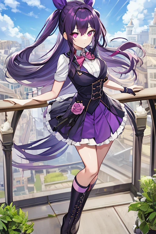 Full body girl with dark purple colored hair, straight long hair, pink eyes, wearing idol clothes, skirt, gloves, boots, a hair ribbon and glasses