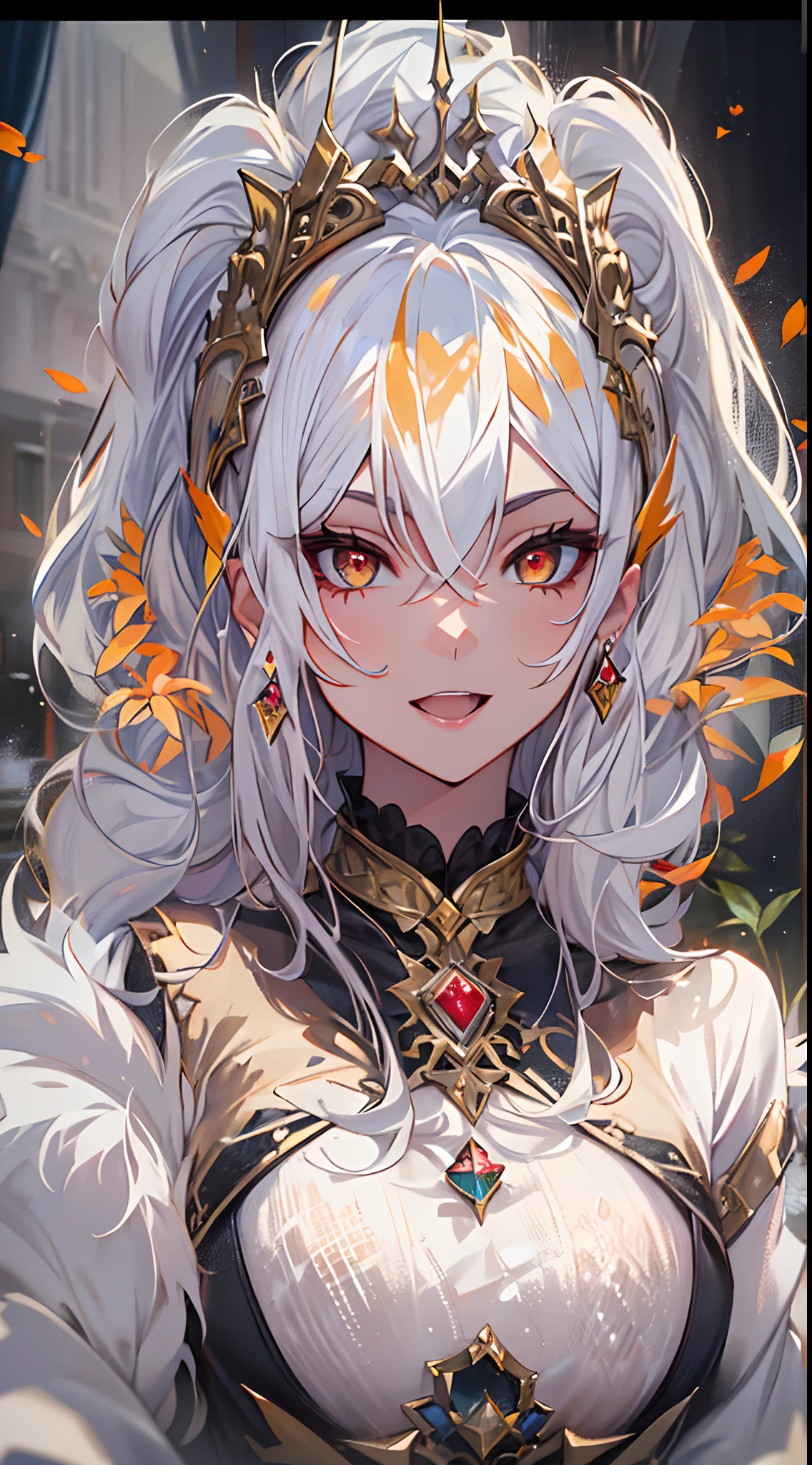 Female pervert,Miserable white skin,White fox ears,vellus hair,Gold earrings,snow mountains,gem jewelry,Tips are highlighted in white, Red deciduous leaves,Ink Phantom,bazaars,fansty world,background inside dark,Clean design,Epic Instagram,art stations,Colorful paint splashes,contours,Hyper-detailed intricate details,unreal-engine,fanciful,Complicated details,splash image,complementary colours,fantasy concept art,8K分辨率,A masterpiece of deviantart,oil painted,Heavy strokes,paint drips,black flag,(Isolated on black background:1.3),Rainbow skins,(((A handsome young))), ((age:1.5)), (Glowing red eyes), ((Eyes have light)),((((White ponytail:1.1))), ((Conservative white casual wear,Gold pattern)), (ssmile)\\(A happy expression\\),, (((Wears a shabby black robe,High level of detail,Lots of fluff))),(brown gauntlets),《Brown tights》,Low white ponytail, She has brown hair,Braided,White shiny bangs,Brown comb,Shiny hair,an blowing,(chest muscle) --v 6