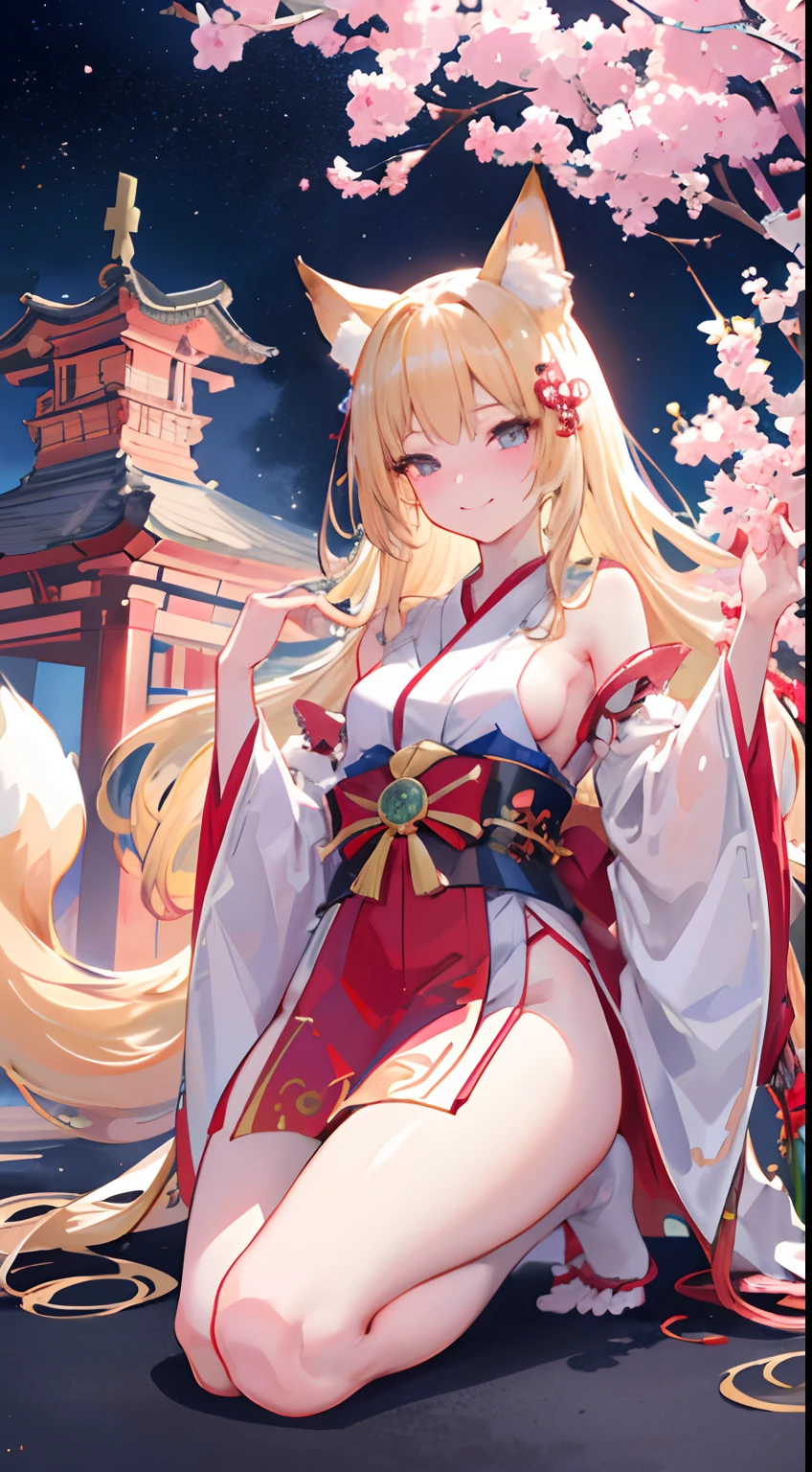 (Best Quality,16k wallpaper,masutepiece:1.2),Ultra-detailed,CG with exquisite details,Soft lighting）1 girl in、shrines、Fox ears、shrine maiden clothe、The long-haired、a blond、adult lady、Bewitching、comic strip、sketch、full body Esbian、A smile