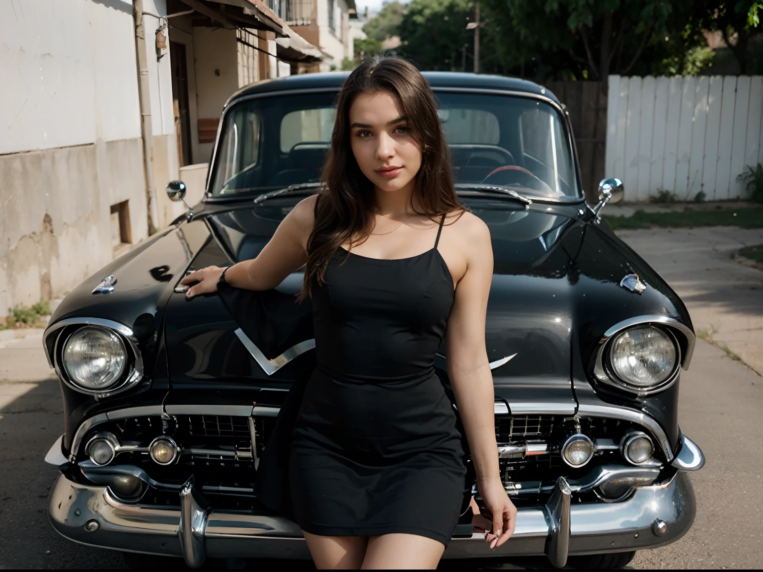 A beautiful girl with the perfect face and in a black dress is leaning against a 1959 Chevrolet Bel Air, RODA ESTRELA, RODA LARGA, COLOR PRETRRO METALLIC, Headlights on, VIDROS ESCUROS, DETALHES EM COR DOURADO, FRISOS EM COR DOURADA, TETO SOLAR, ESCAPAMENTOS LATERAIS, FIRE DESIGN ON THE FRONT HOOD,