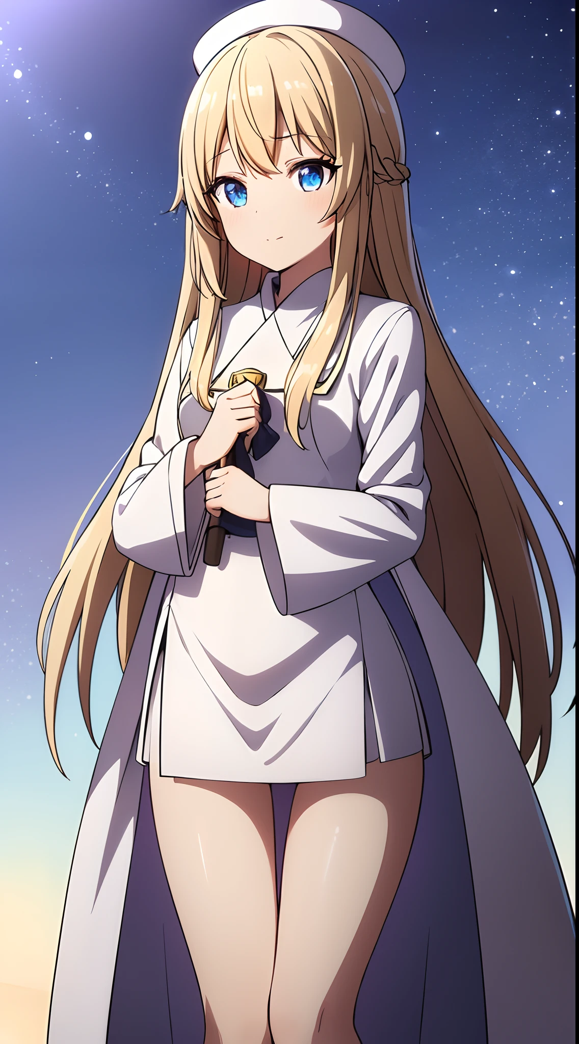 (((​masterpiece)))、(((top-quality)))、((ultra-detailliert))、Highly Detailed beautiful and aesthetic、extremely details CG、perfect detailed、very delicate light、Finely detailed eyes and detailed face、Detailed light、(Best Shadows)、(best anatomy)、beatiful detailed eyes、(Detailed body)、A detailed face、(colourfull)、beautiful detailed hair、 细致背景:1.3、Fantasia、(Particles of light)、natta、By the lake、 (光线追踪:1.2), 1girl in, 独奏, blonde  hair, length hair, Very long hair, tiny chest, blue eyess, (Beautiful eye for fine details:1.2), multicolored clothes, Multicolored hats, white robes, (Have staff), white legwear, thigh high boots, a black skirt, a miniskirt, long-sleeve, wide sleeves, is standing, happiness, Look at viewers, shrine maiden, dynamicposes, kawaii,