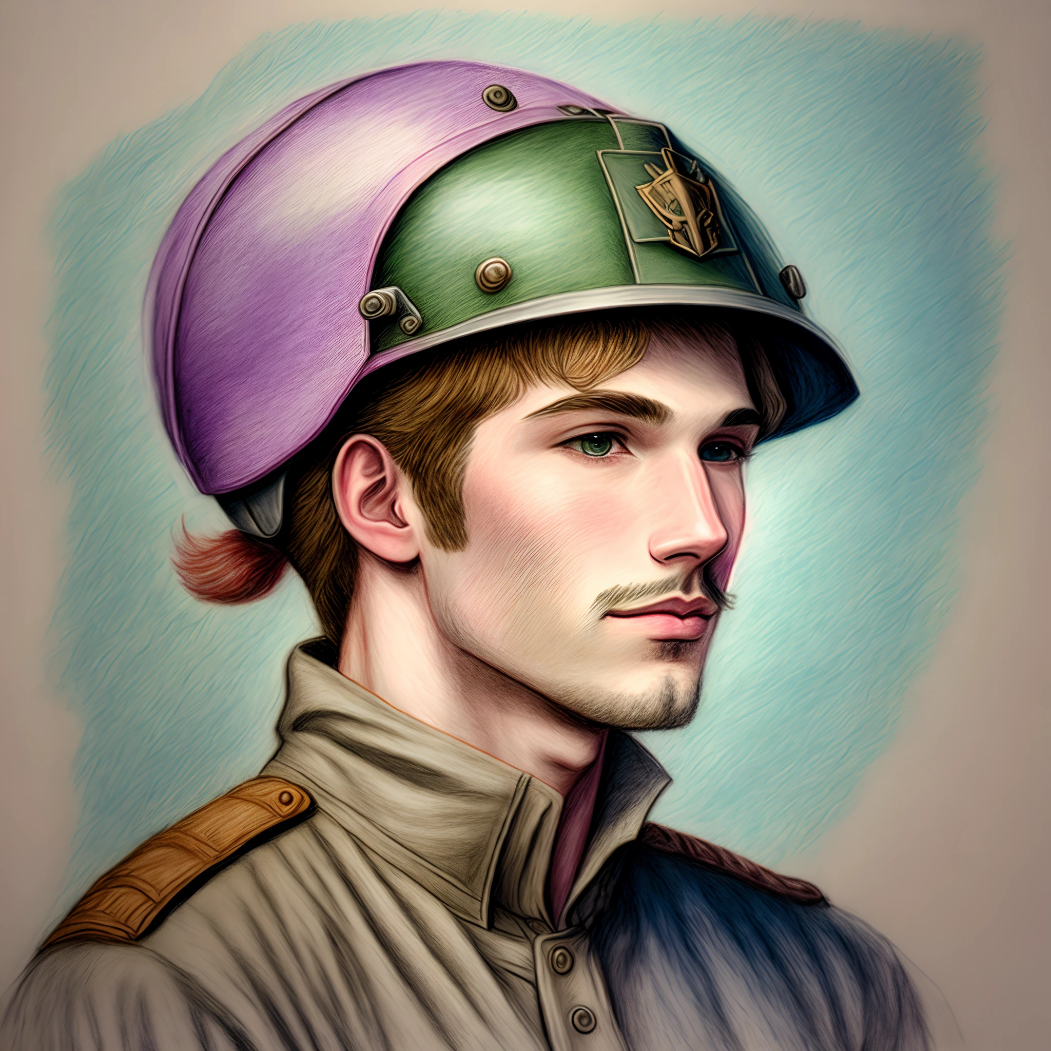 made a pastel drawing of a man from the 1990s with a military helmet on his head