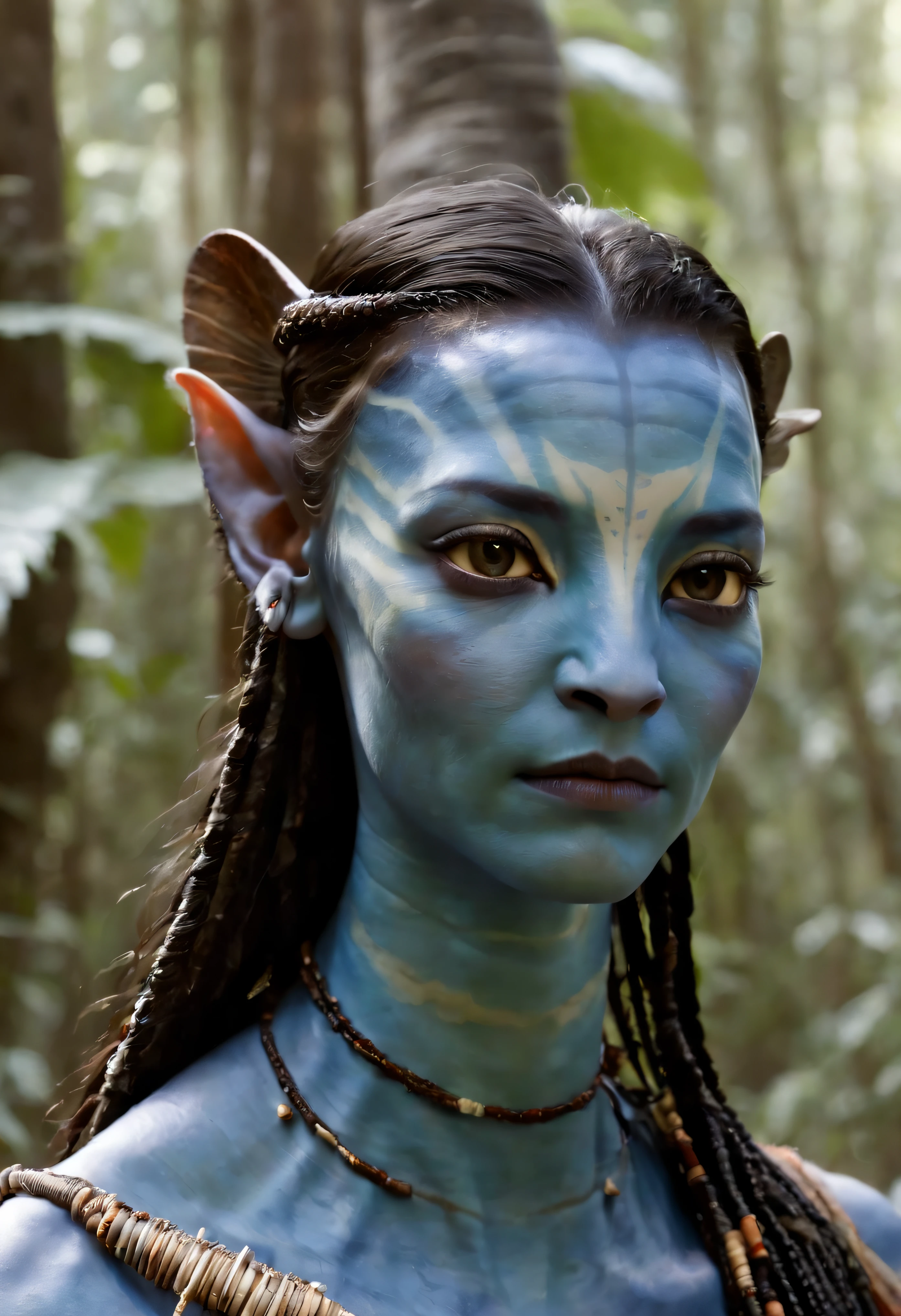 (basado en la pelicula avatar), Scene where Naytiri the Female Na ́vi, se encuentra en el poblado, en la hoquedad del gran arbol, con lianas colgantes iluminadas, (detalles intrincados de la maquina de alta calidad), estilo cinematografico, nitidez absoluta, imagen 8k.(obra maestra).
