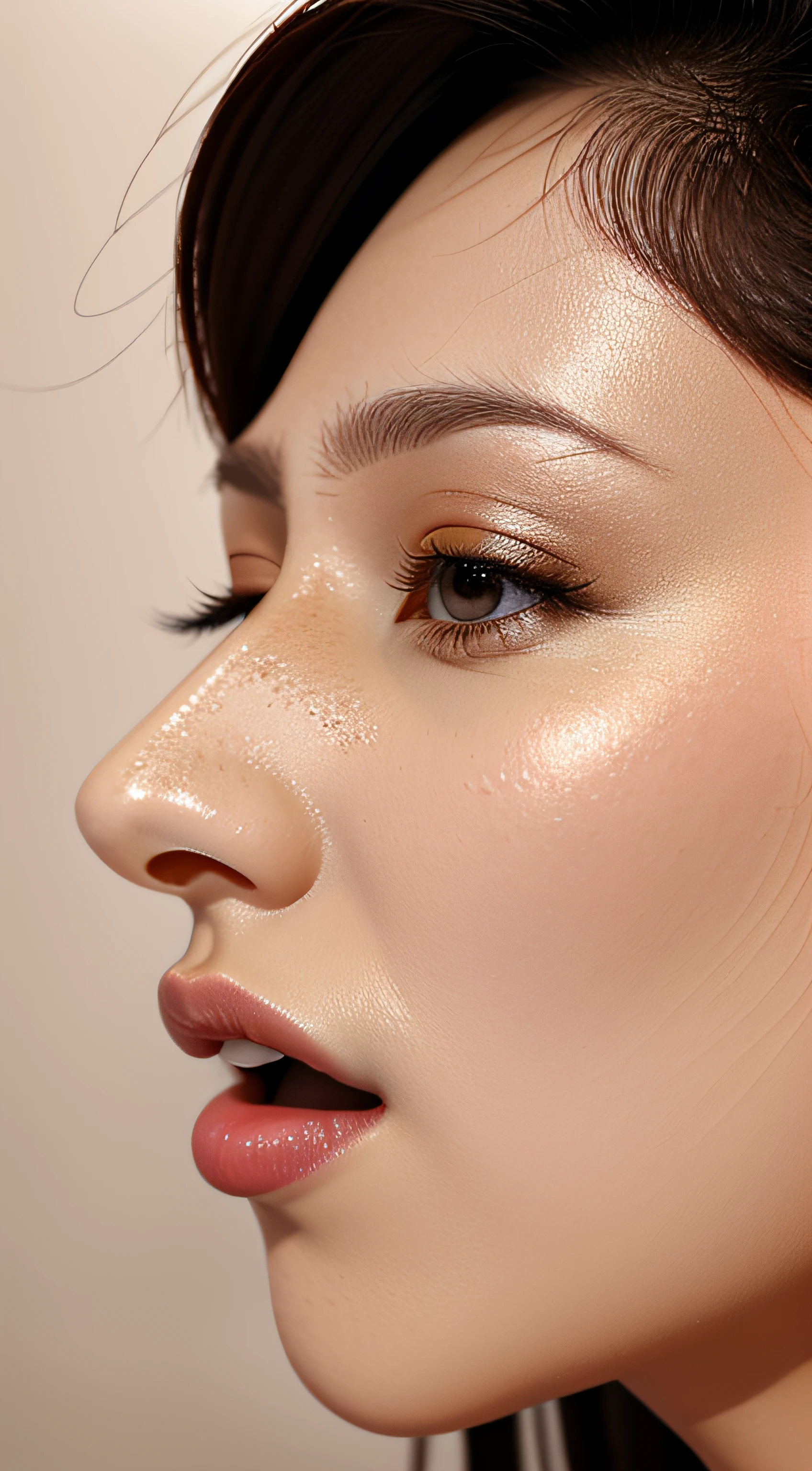 masutepiece, absurderes,award - winning photo, Extremely detailed, edgOrgasm, Woman with mouth open and eyes closed , Skin shiny with sweat、32years old、1 image1 person、Beautie、Lighting that coordinates skin luster。Examination room、Shooting angle from below、Photo of the nose seen from below