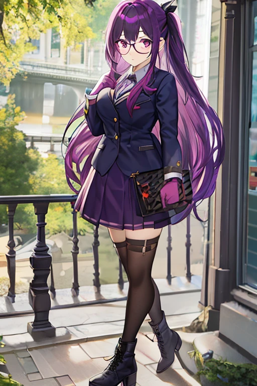 Full body girl with dark purple colored hair, straight long hair, pink eyes, wearing idol clothes, skirt, gloves, boots, a hair ribbon and glasses