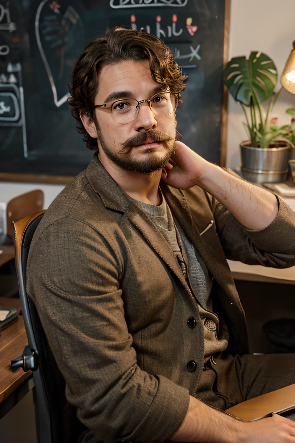 young men, professor style habits, curly hair, brown eyes, gold glass, Small chin beard and moustache, seat on chair, sitting on a chair with a wooden desk in front of it and school objects on the desk , behind the person is a chalkboard of plants and lights, hands on desk, asking a story to camera, Body angle facing camera, realistic, cinematic, cartoon, body front of desk