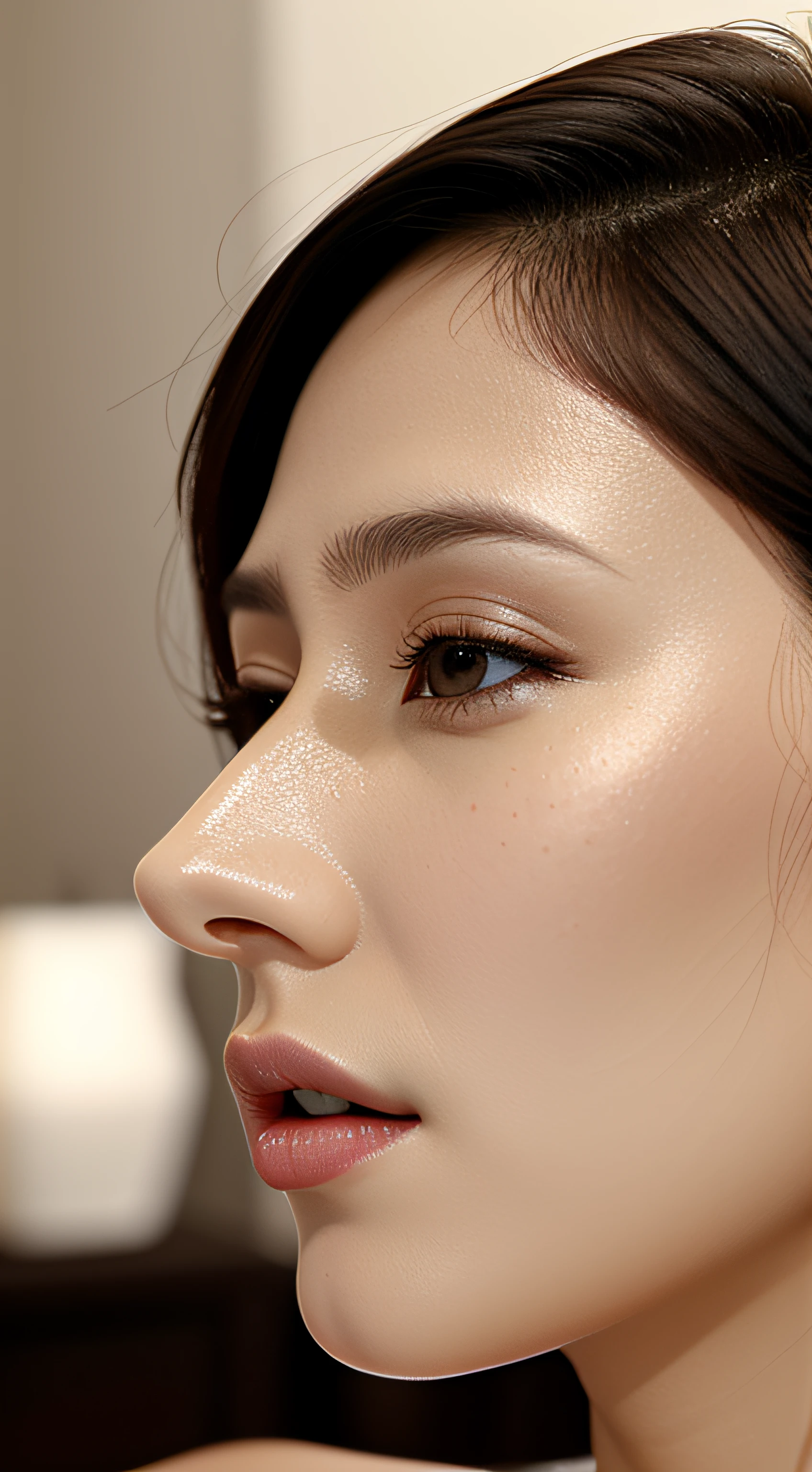 masutepiece,,award - winning photo, Extremely detailed, edgOrgasm,Face Focus Face、1girl in,1boy、,35 year old、A dark-haired、Glossy skin、Close-up of face,(Super close-up of nose,Face shot),low angles:1.5,(Realistic nostrils)、Lens Distortion Removal、Reproduction of pores、profile、1girl in,Beautiful woman with straight nose、short cut hair、NSFW,,Open mouth、The nostrils are dirty、In the nostrils there are traces of shaved hair、