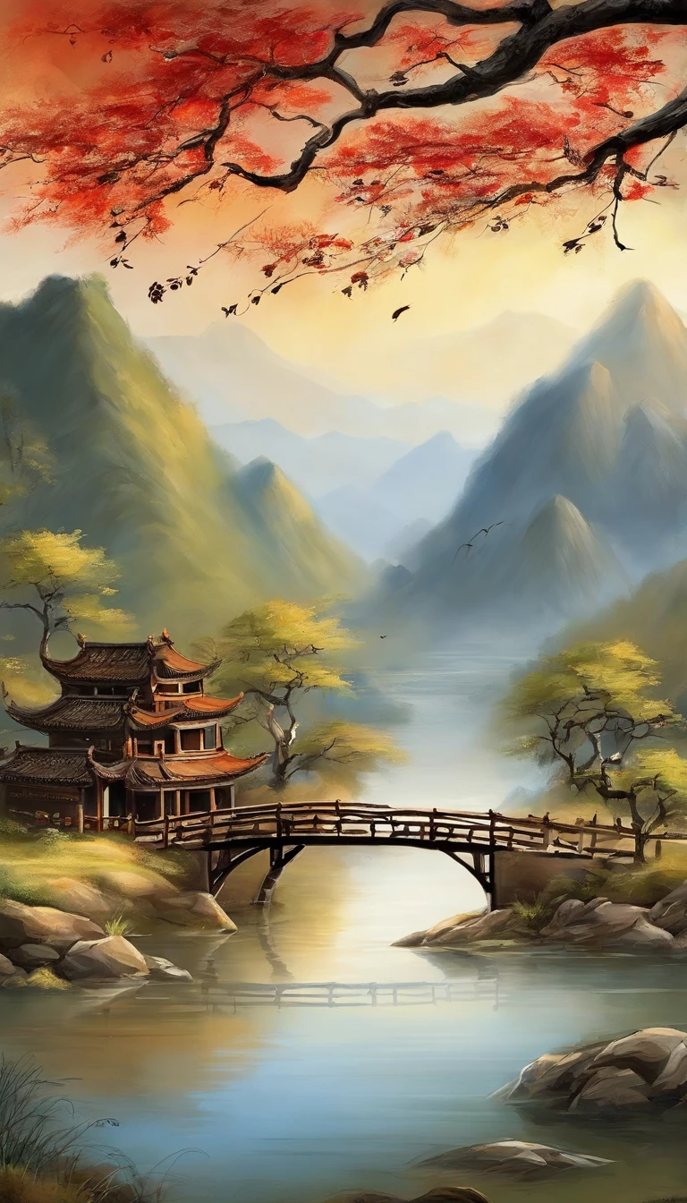 Chinese landscape painting,ink and watercolor painting,water ink,Inky,Smudge,Faraway view,Ultra-wide viewing angle,Meticulous,Schematic diagram of 5 cows,Five scalpers,River side,Small Stone Bridge,grassy fields,The tree,The view is the mountains,(8k wallpaper),(light and shadow effect),rendering by octane,White balance design,Highly detailed image depiction,wide angles,depth of fields,tmasterpiece,realisticlying,Beautifully depicted,A detailed,acurate,Works of masters,tmasterpiece