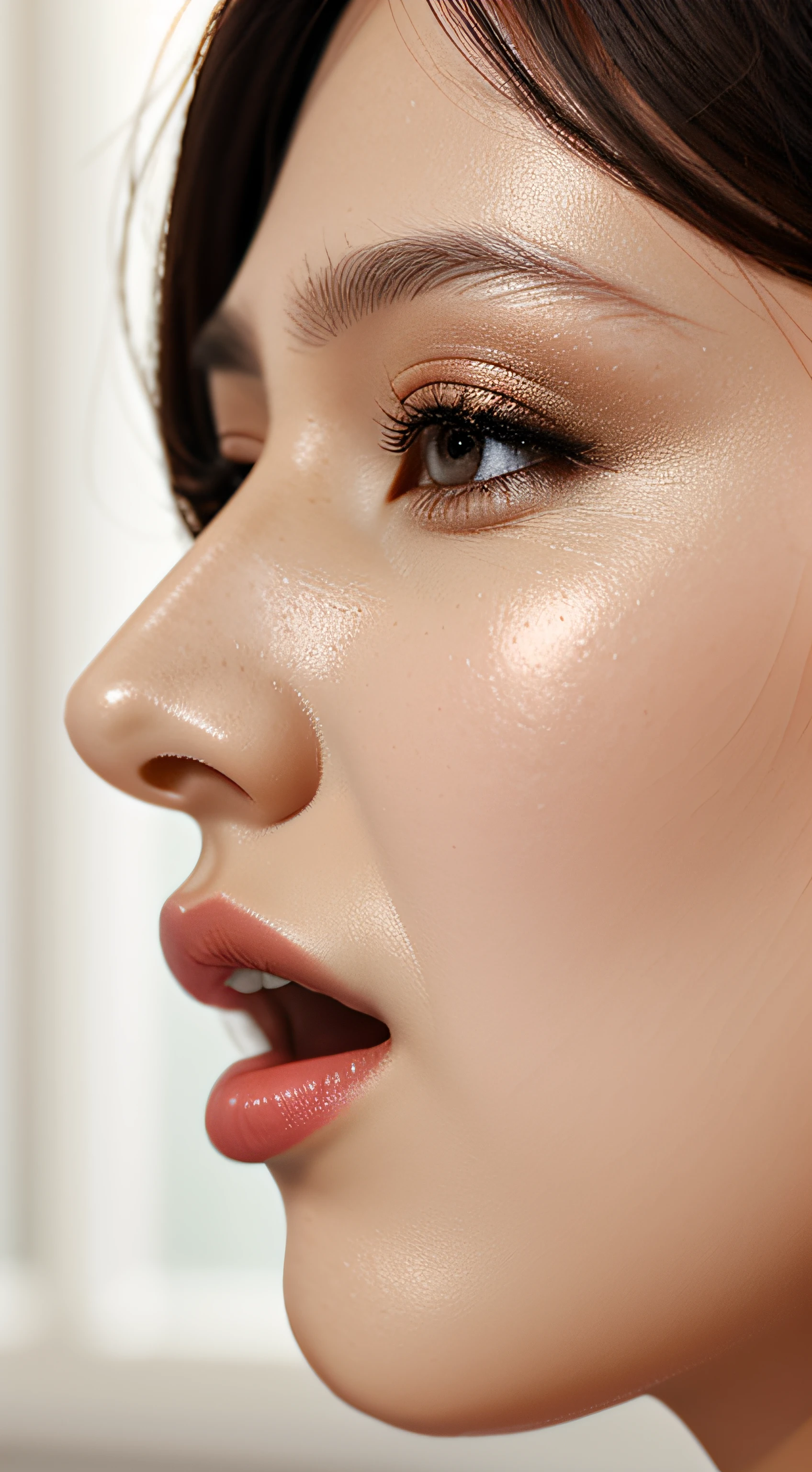 masutepiece,,award - winning photo, Extremely detailed, edgOrgasm,Face Focus Face、1girl in,1boy、,35 year old、A dark-haired、Glossy skin、Close-up of face,(Super close-up of nose,Face shot),low angles:1.5,(Realistic nostrils)、Lens Distortion Removal、Reproduction of pores、profile、1girl in,Beautiful woman with straight nose、short cut hair、NSFW,,Open mouth、The nostrils are dirty、In the nostrils there are traces of shaving、deep kissing,