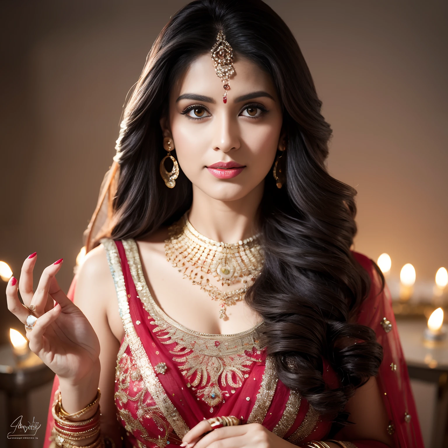 Portrait of A confident-looking indian woman with long flowing hair, celebrating Diwali, having cracker in hand,hazel eyes, with flowing capes, standing in ice, perfect composition, hyperrealistic, super detailed, 8k, high quality, trending art, trending on artstation, sharp focus, siberian photo, intricate details, highly detailed,