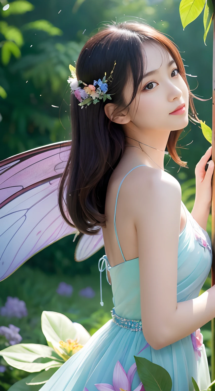 (masutepiece), (The highest image quality), 8K, high detailing, Super Detail, Beautiful and magical flower fairy with delicate features, She has a magic wand in her hand, Casting magic, It emits a soft and vivid light, It symbolizes her love of magic and her ability to bloom flowers and joy, And flies through the air with translucent wings on her back, Flashing a rainbow of bright colors, Air flight, It gracefully flies in the middle of two large trees overgrown with flowers, Blue background with flowers々and, Her presence fills the surroundings with seductive sensations, Cast a mesmerizing light on the scene, Her dress is woven with delicate petals and leaves, It is in harmony with the natural elements of the surrounding environment, Her expression is calm, Her deep connection with nature and、It reflects the harmonious energy that flows through her, close-up, Realistic, Extremely detailed and complex, The image embodies the ethereal nature of the flower fairy, It blends her captivating presence with the serene beauty of the natural world