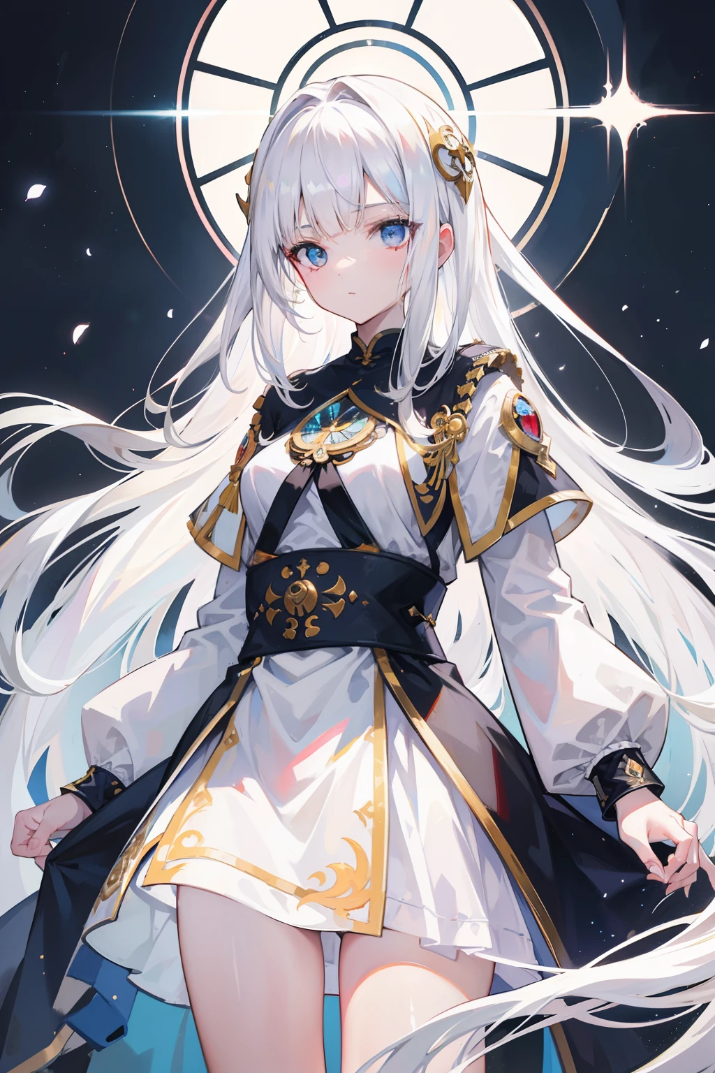 white hair,Top image quality,s girl,masterpiece,de pele branca,Semi-long hair,,hime-cut,small tits,tits out,Glowing face,chies,stain glass,Monastic uniforms,Cultivated woman,sister,