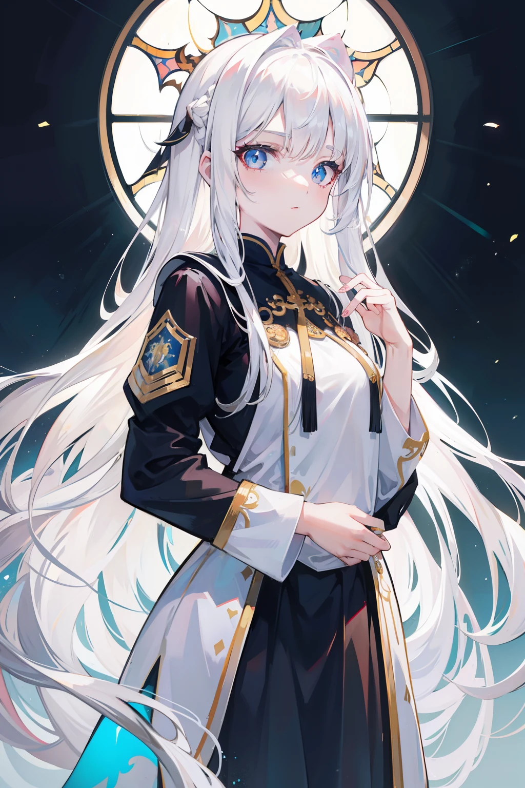 white hair,Top image quality,s girl,masterpiece,de pele branca,Semi-long hair,,hime-cut,small tits,tits out,Glowing face,chies,stain glass,Monastic uniforms,Cultivated woman,sister,