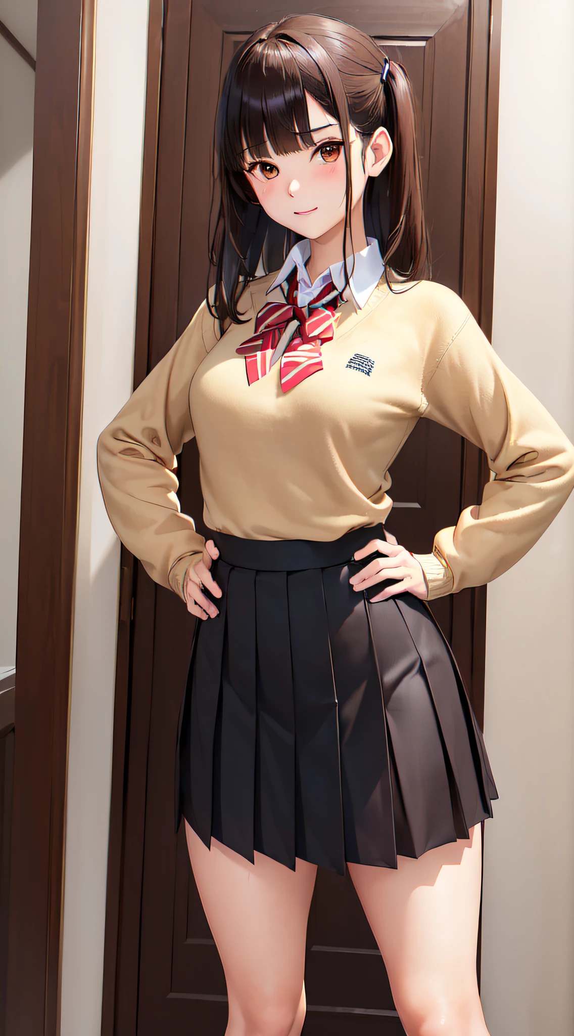 (((professional: step by step, final result god level))): "masterpiece, best quality, highres, solo 1girl, kr1, brown eyes, blunt bangs, kibito high school uniform, 10% miniskirt, sweater, pleated skirt, socks, small breasts, leaning forward, hand on hip,, low back view"
