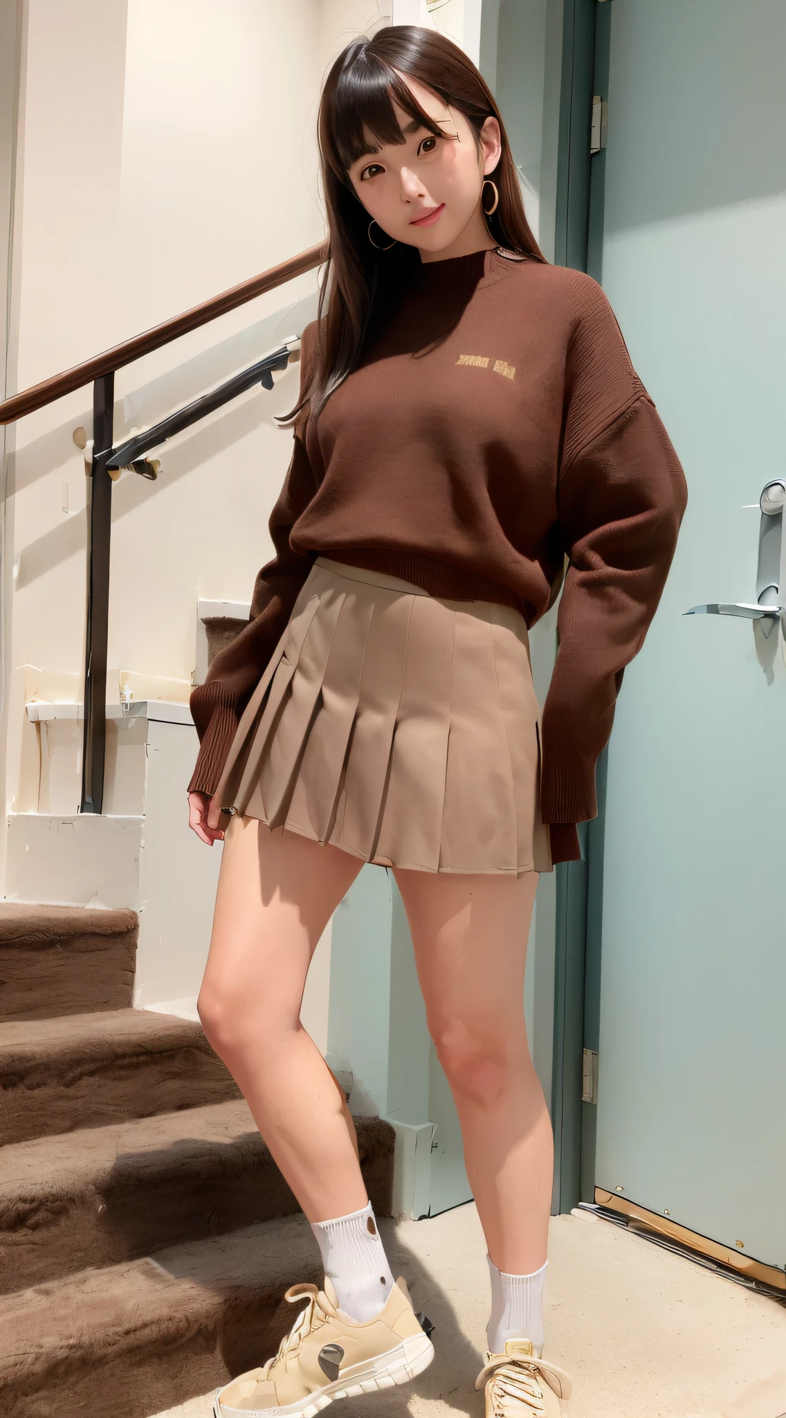(((professional: step by step, final result god level))): "masterpiece, best quality, highres, solo 1girl, kr1, brown eyes, blunt bangs, kibito high school uniform, 10% miniskirt, sweater, pleated skirt, socks, small breasts, leaning forward, hand on hip,, low back view"