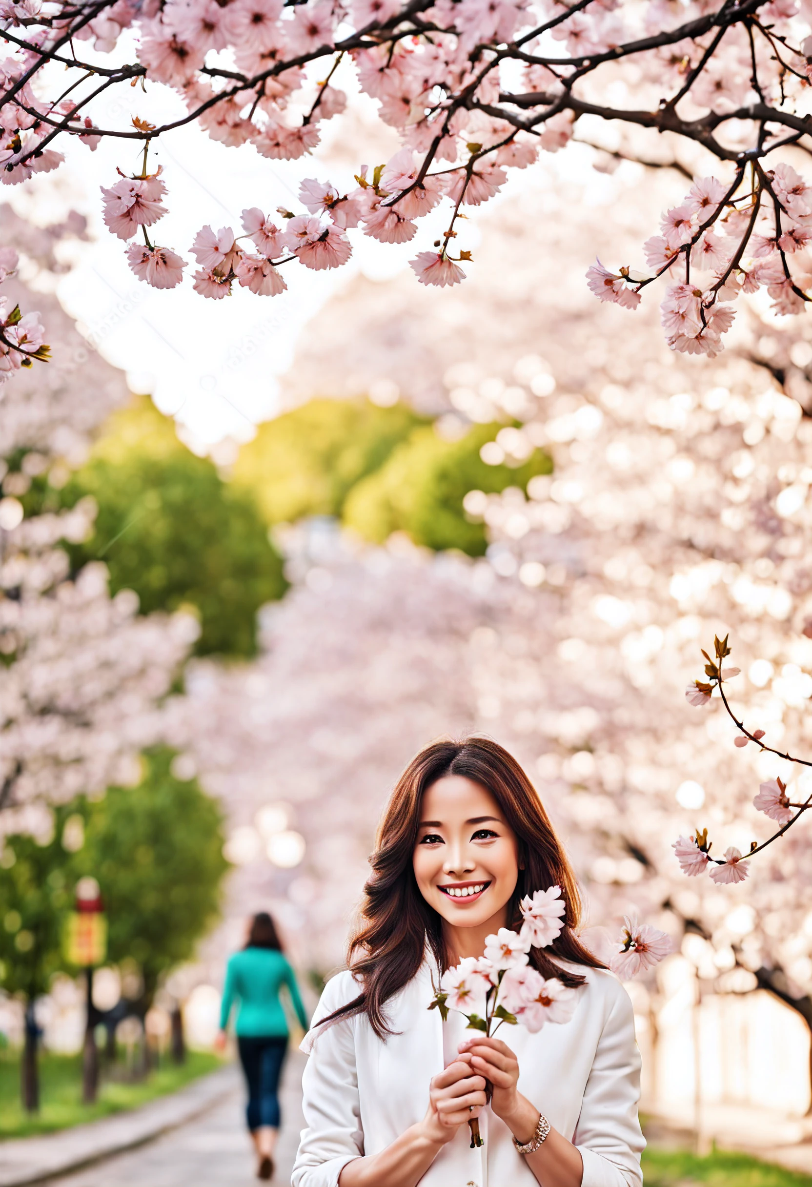 (masterpiece, best quality, ultra-detailed), A heartwarming image of a beautiful adult woman joyfully enjoying cherry blossoms on a beautiful street. The genuine happiness and serene atmosphere create a delightful and immersive scene. High-resolution image, charming street, blooming sakura trees, genuine joy, picturesque atmosphere, serene and delightful moment, ample headroom, third rules of photography, (dynamic pose:1.4)