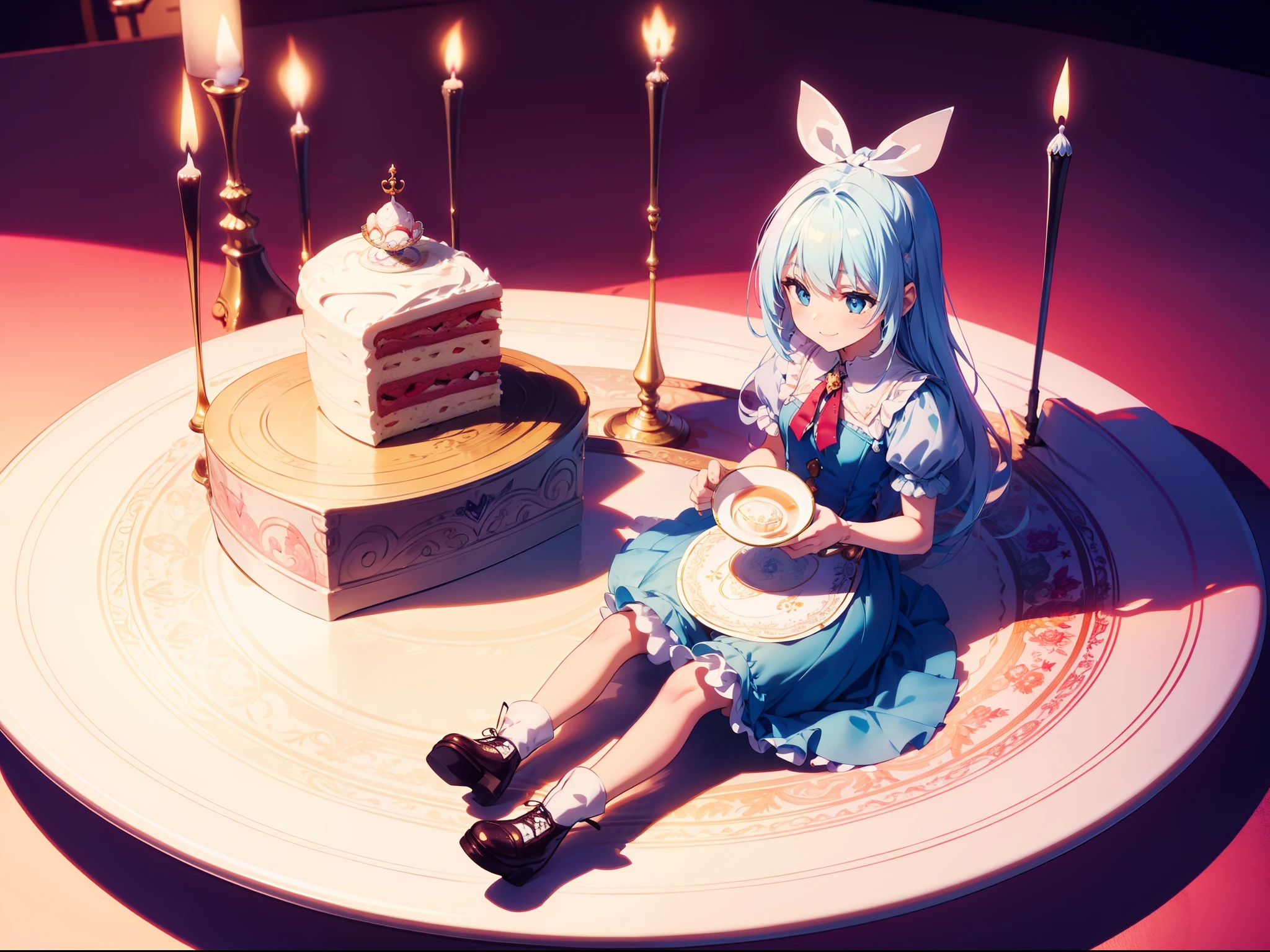 1 dwaft girl hybrid,
big cake background , girl small than cake, Alice In Wonderland ,concept art, fantasy art, sitting, (from above:0.6), smile, cake, teacup , ((masterpiece)), ((best quality)), ((ultra-detailed)), (illustration), ((an extremely delicate and beautiful))