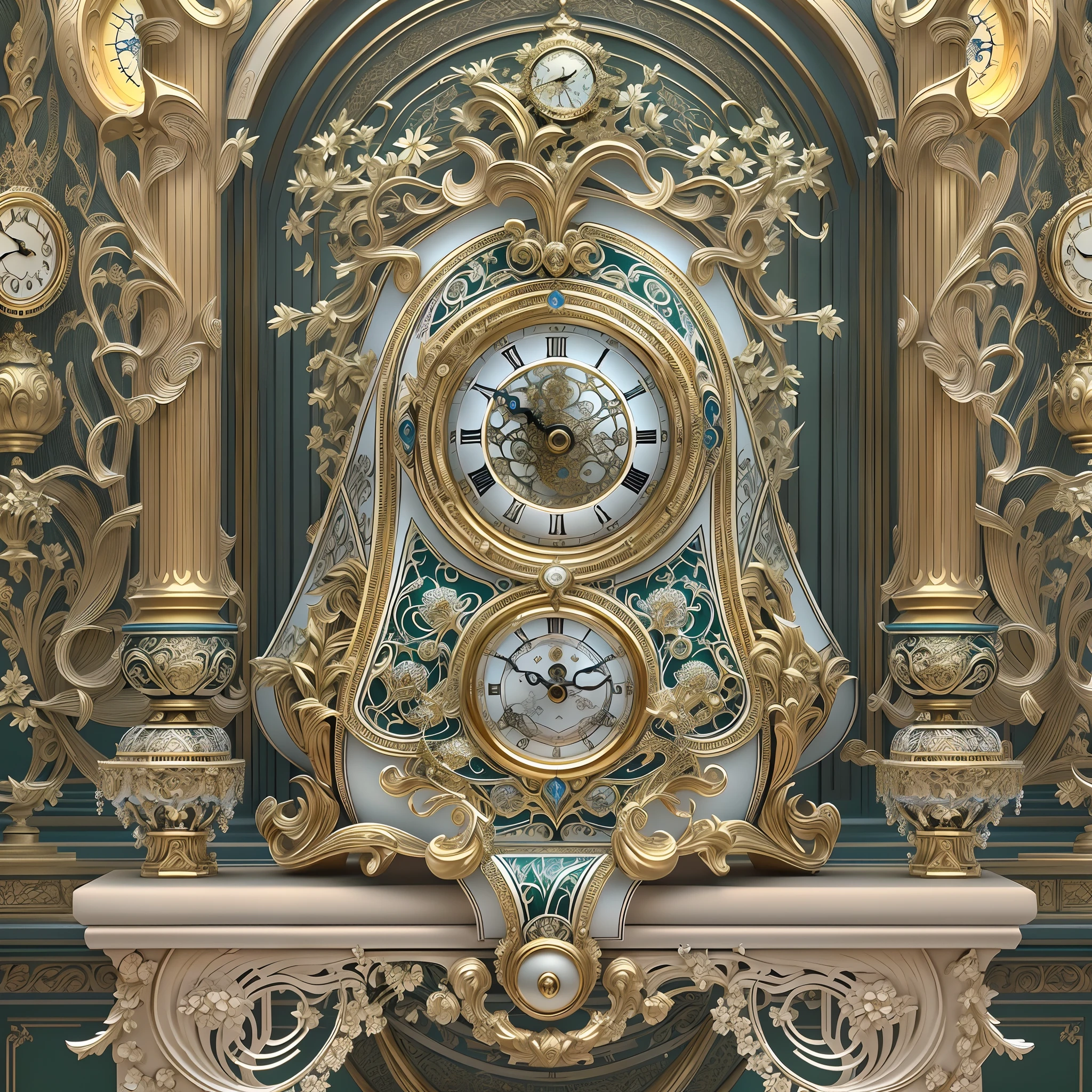 (((A beautiful sitting clock,A luxurious,enamel))),art nouveau octane render, intricate 8 k render, elegant and ornate, Rococo Baroque, mechanical clock, super detailed render, ornate and elegant, 8k octae render photo, gorgeous furniture, elegant baroque, Rococo machinery