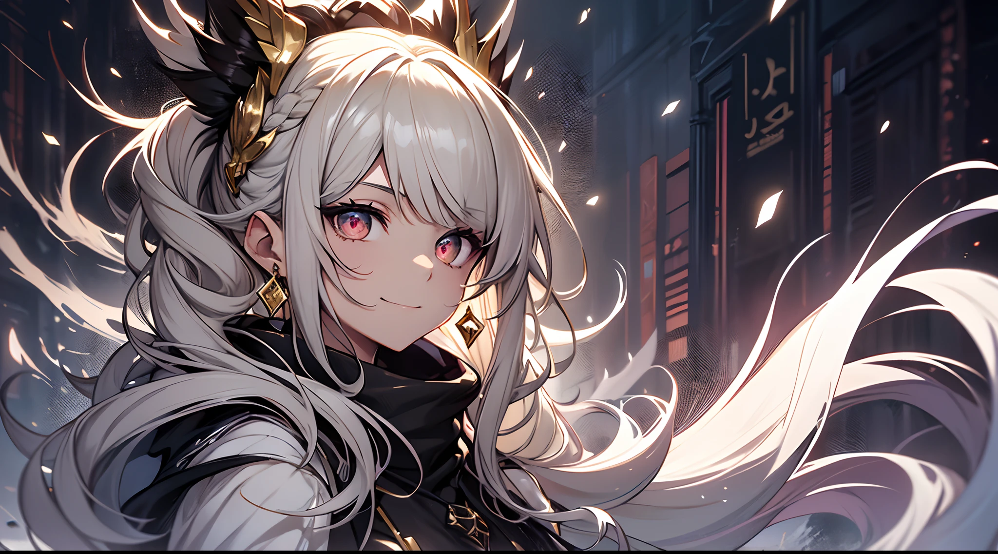 Female pervert，Miserable white skin，White fox ears，vellus hair，Gold earrings，snow mountains，gem jewelry,Tips are highlighted in white, Red deciduous leaves，Ink Phantom，bazaars，fansty world，background inside dark，Clean design，Epic Instagram，art  stations，Colorful paint splashes，contours，Hyper-detailed intricate details，unreal-engine，fanciful，Complicated details，splash image，complementary colours，fantasy concept art，8K分辨率，A masterpiece of deviantart，oil painted，Heavy strokes，paint drips，black flag，（Isolated on black background：1.3），Rainbow skins，(((A handsome young))), ((age:1.5)), (Glowing red eyes), ((Eyes have light))，((((White ponytail:1.1))), ((Conservative white casual wear，Gold pattern)), (ssmile）\\(A happy expression\\),, (((Wears a shabby black robe，High level of detail，Lots of fluff))),（brown gauntlets），《Brown tights》，Low white ponytail， She has brown hair，Braided，White shiny bangs，Brown comb，Shiny hair，an blowing，(chest muscle) --v 6