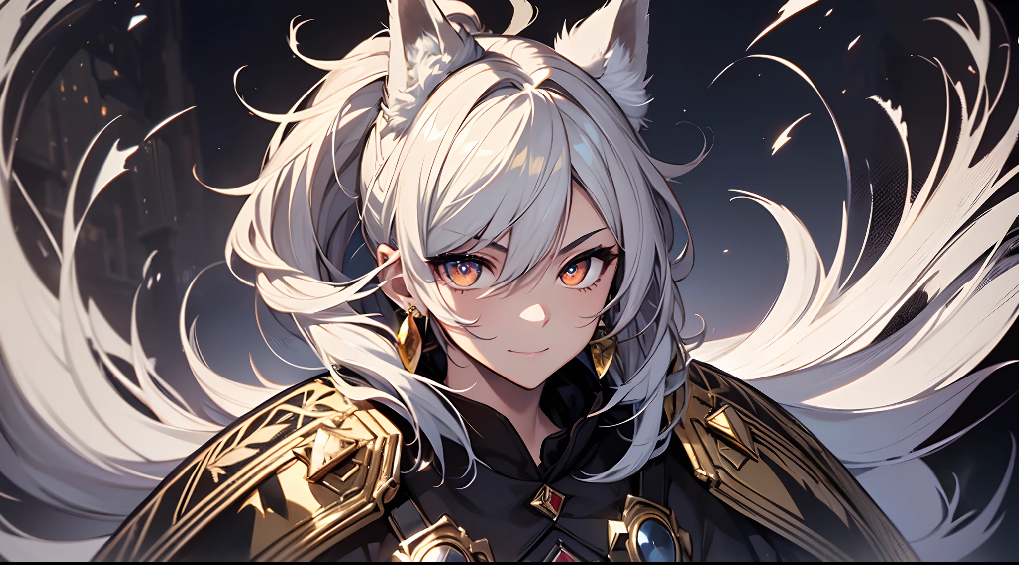 Female pervert,Miserable white skin,White fox ears,vellus hair,Gold earrings,snow mountains,gem jewelry,Tips are highlighted in white, Red deciduous leaves,Ink Phantom,bazaars,fansty world,background inside dark,Clean design,Epic Instagram,art stations,Colorful paint splashes,contours,Hyper-detailed intricate details,unreal-engine,fanciful,Complicated details,splash image,complementary colours,fantasy concept art,8K分辨率,A masterpiece of deviantart,oil painted,Heavy strokes,paint drips,black flag,(Isolated on black background:1.3),Rainbow skins,(((A handsome young))), ((Teenage:1.5)), (Glowing red eyes), ((Eyes have light)),((((White ponytail:1.1))), ((Conservative white casual wear,Gold pattern)), (ssmile)\\(A happy expression\\),, (((Wears a shabby black robe,High level of detail,Lots of fluff))),(brown gauntlets),《Brown tights》,Low white ponytail, She has brown hair,Braided,White shiny bangs,Brown comb,Shiny hair,an blowing,(chest muscle) --v 6