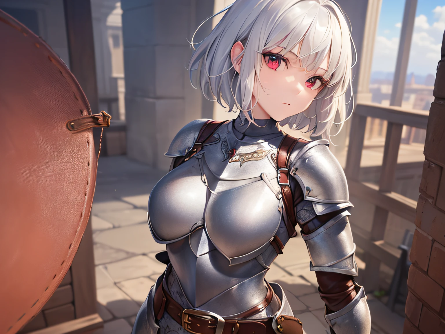 (Best Quality)), (Masterpiece), (Sharpness), 32k, (Best Quality Depiction), (Best Quality), Art, Detailed and Detailed CG Art, Clear, Detailed Human Body, Natural Light: 1.3, Full Body, Depth Background, (Perfect Anatomy), (Flawless Body Depiction), Golden Ratio, Depiction of Perfect Woman, One Woman,Beautiful, (Western Early Twenties Adult Female), (Lustrous Silver Hair, Short hair:1.6), (shiny beautiful red eyes),(Beautiful face with detailed detail), (Big:0.8), Light makeup, (Nude),(Dense and detailed beautiful perfect leather armor:1.9,Belt:2), (Slim legs), (Staring at viewer,Expressionless:1.2), Outdoor, Wind controls: 1.1, Blue sky: 1.3, Sun, Kitten