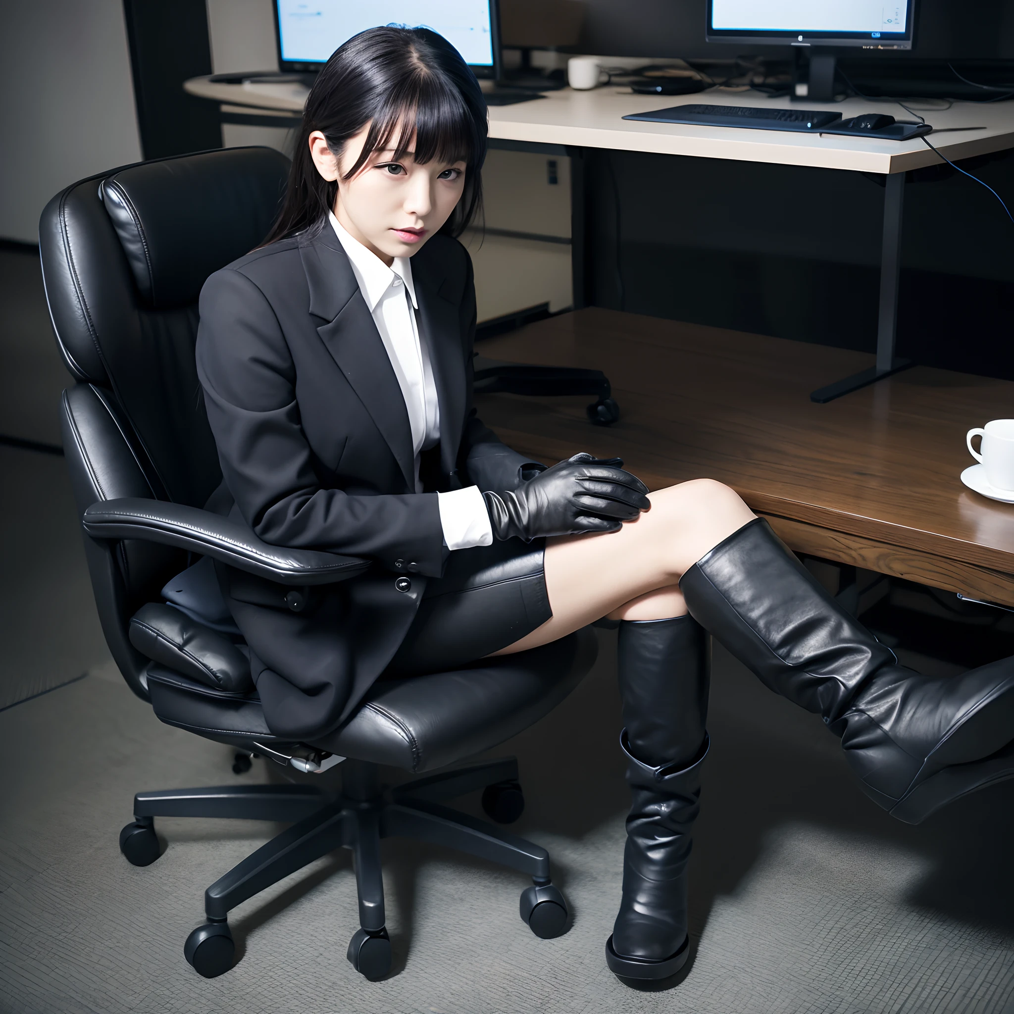 Wearing a black business pantsuit, Office in the Dark, facing a desk、While looking at the screen, tap the keys on the black laptop keyboard with the fingertips of the black leather gloves,Sitting on a large chair with a black leather backrest、 Black hair was tied back for a long time, Japan Female New Employees (Black leather gloves cover both hands) (The angle is frontal)、Black leather long boots